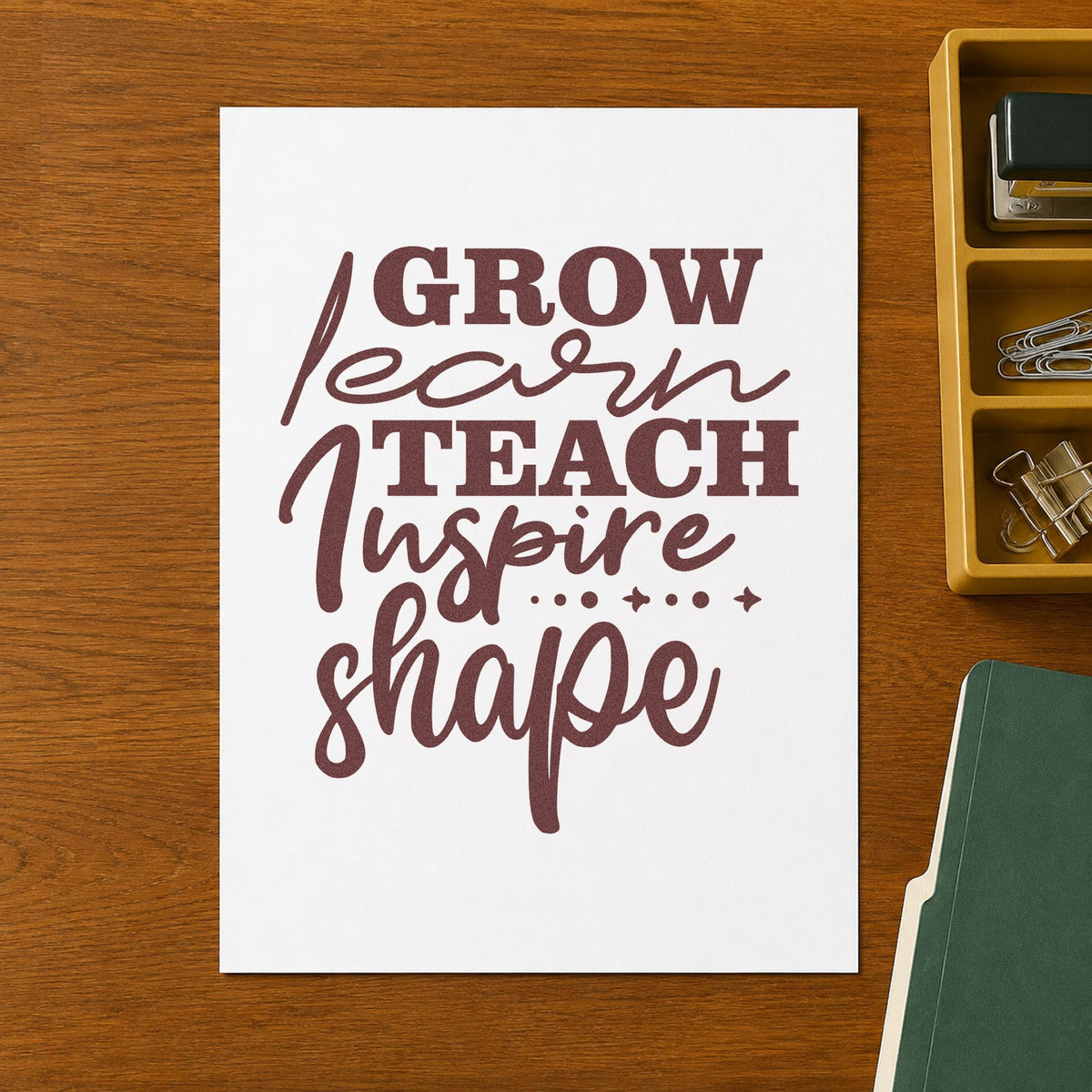 Grow Learn Teach Inspire Shape rubber stamp printed in brown ink, ready for portfolio box labels and similar paper crafts.