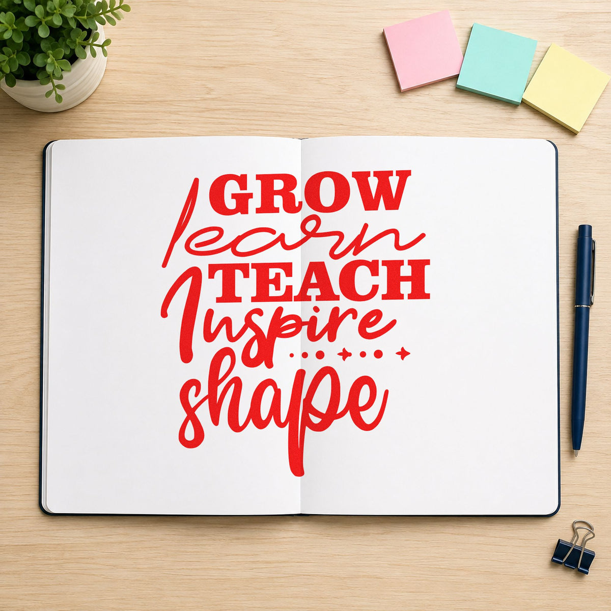 Grow Learn Teach Inspire Shape rubber stamp shown in red ink, stamped for projects such as retirement notes.