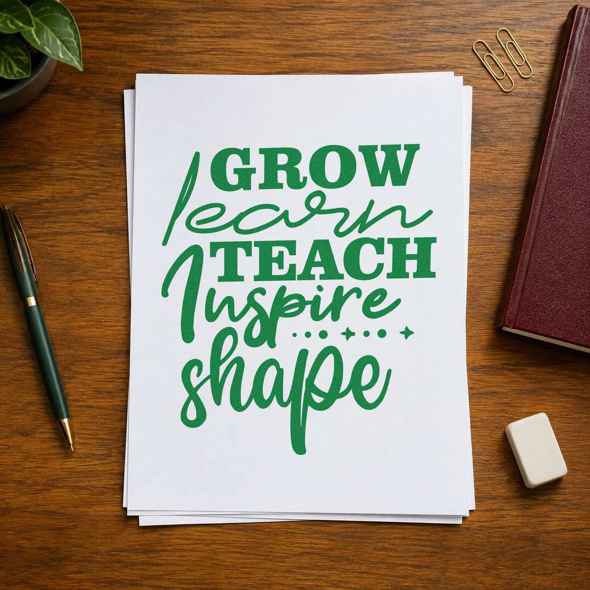 Grow Learn Teach Inspire Shape craft stamp imprint in green ink on a handmade project, one idea being framed career wall.