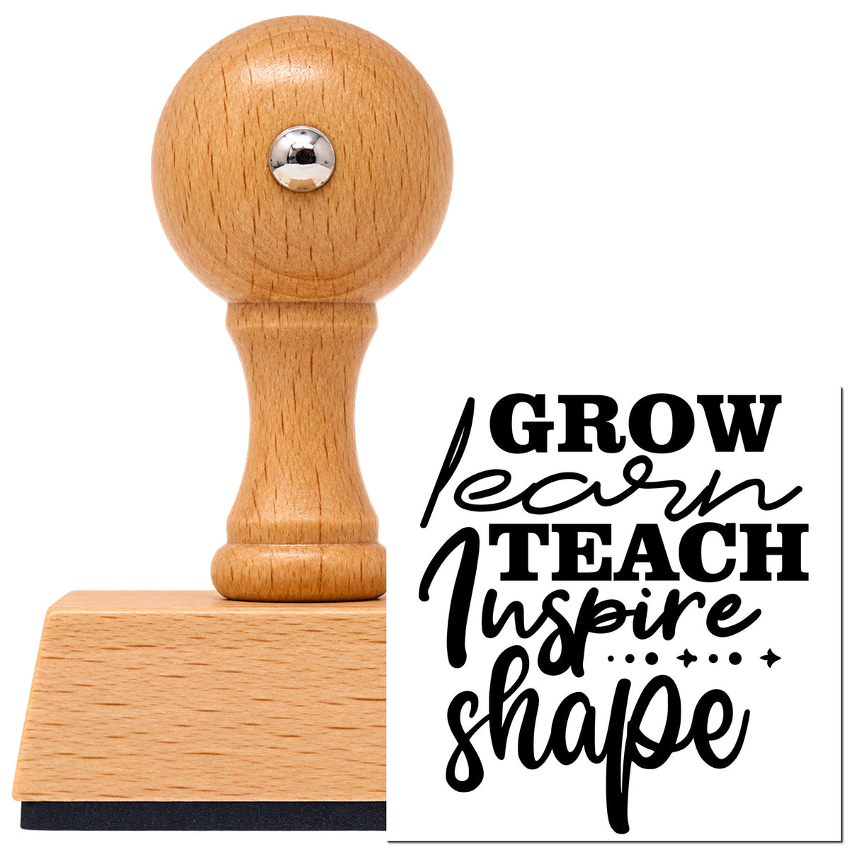 Teach And Inspire Diamond Word Stack Vintage Pro rubber stamp in European beech wood with a round knob handle, shown beside its black imprint.