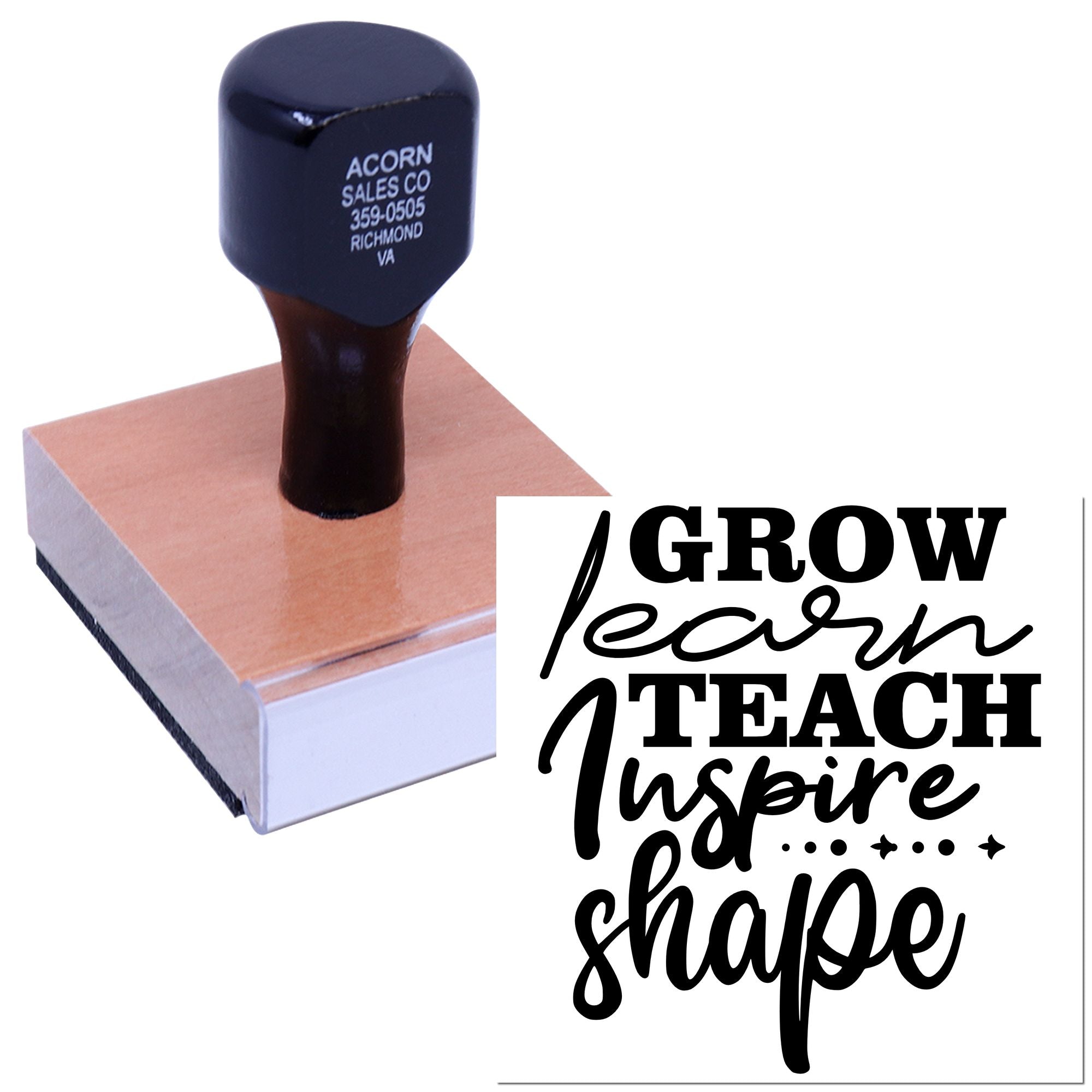 Custom self-inking rubber stamp with Grow, Learn, Teach, Inspire, Shape design for schools and business branding