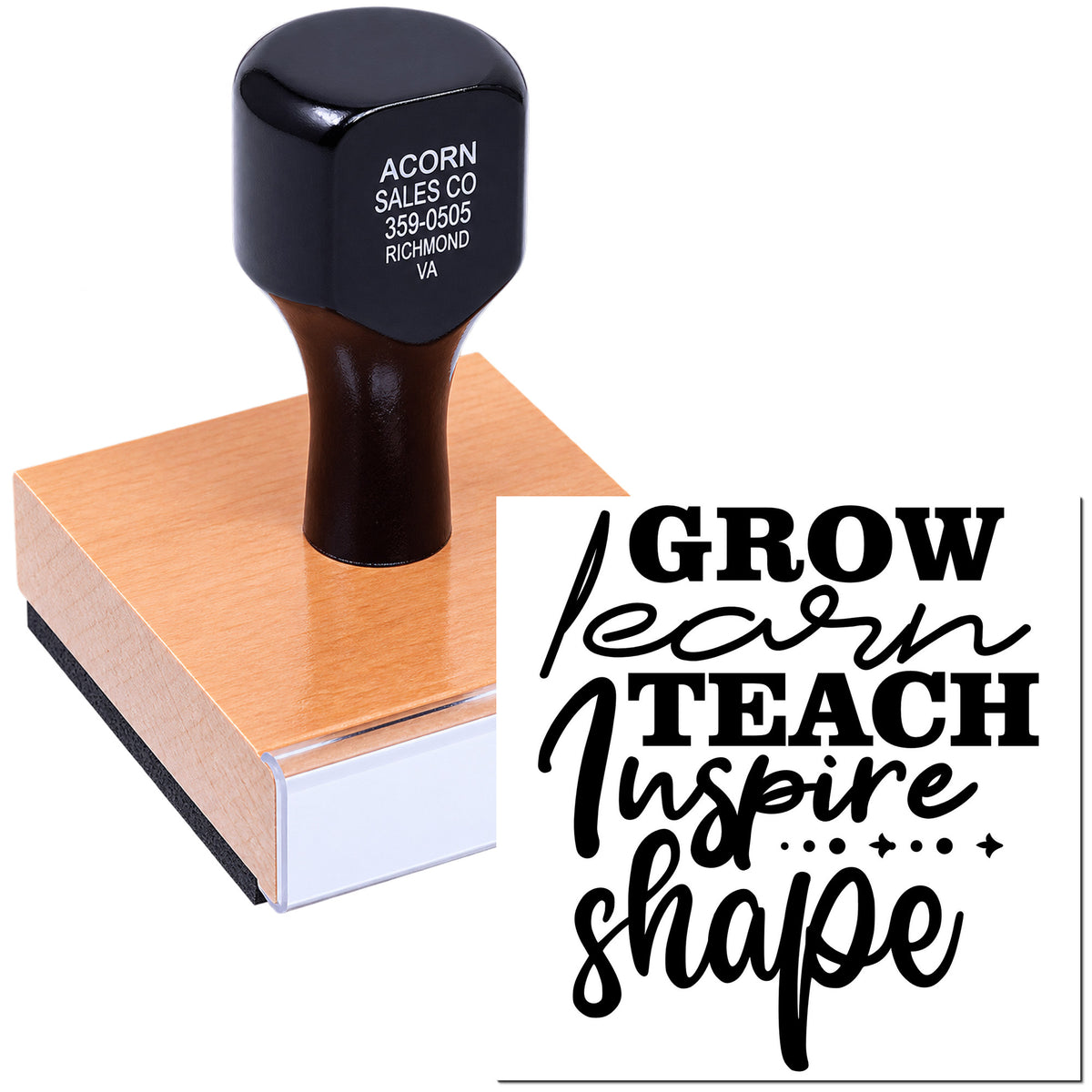 Custom self-inking rubber stamp with Grow, Learn, Teach, Inspire, Shape design for schools and business branding