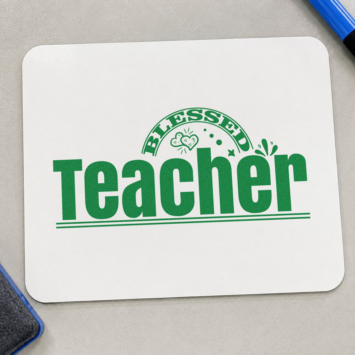 Teacher Rainbow And Flowers craft stamp imprint in green ink on a handmade project, one idea being sign in sheet pages.