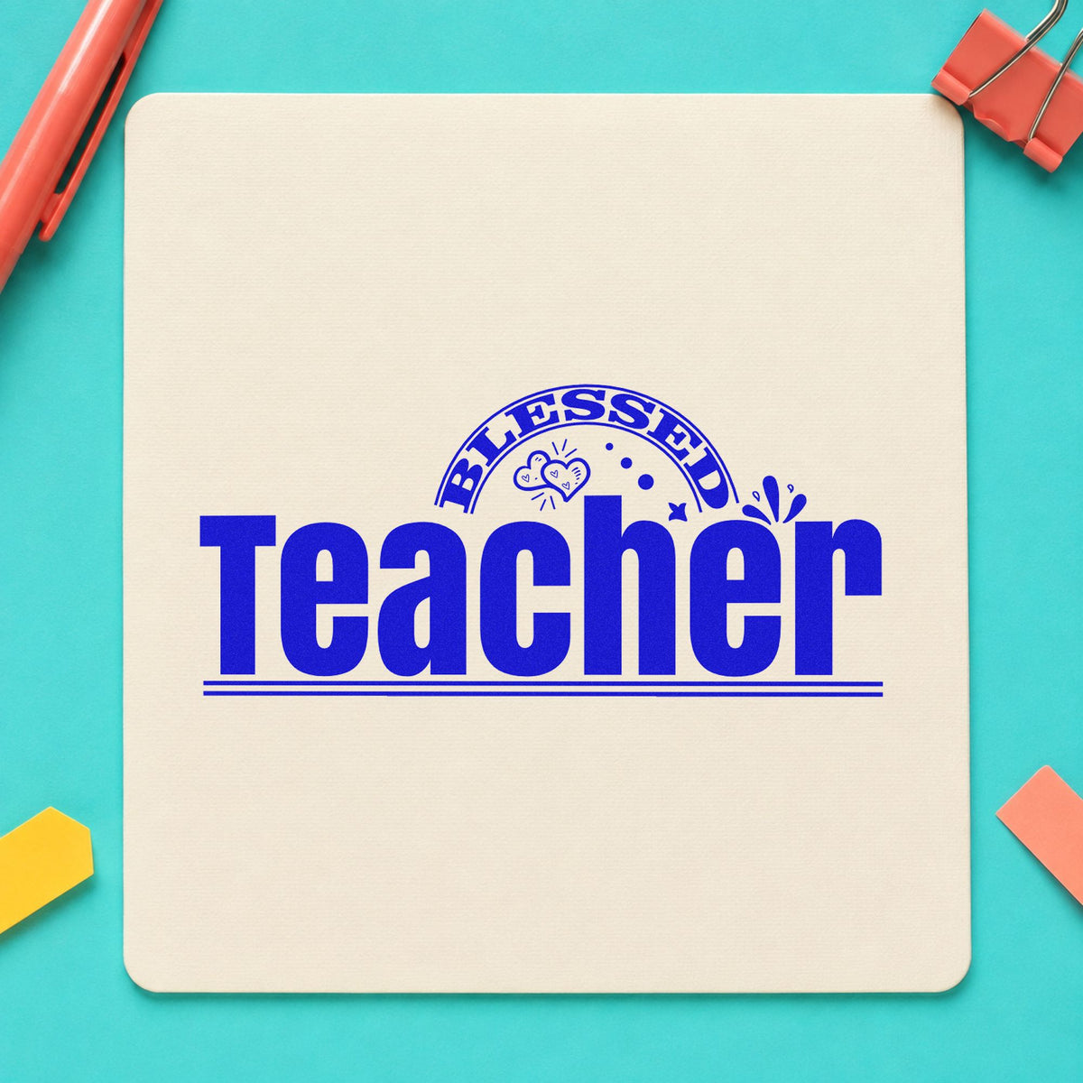 Teacher Rainbow And Flowers craft stamp in blue ink on cardstock, an easy option for door curtain panels.