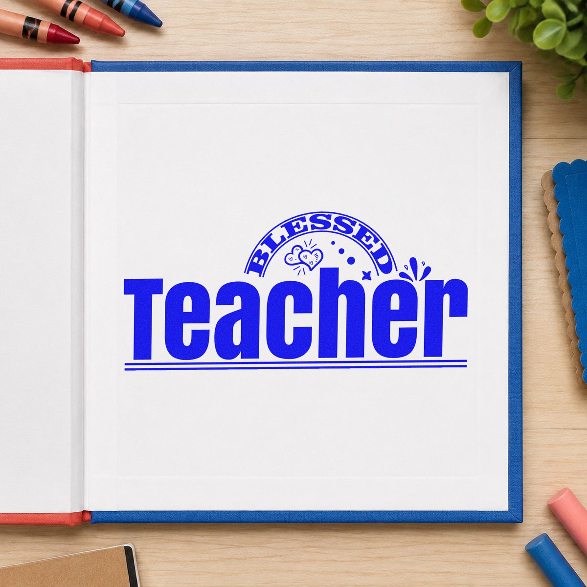 Teacher Rainbow And Flowers craft stamp imprinted in blue ink on paper, a design suited to prospectus seals.