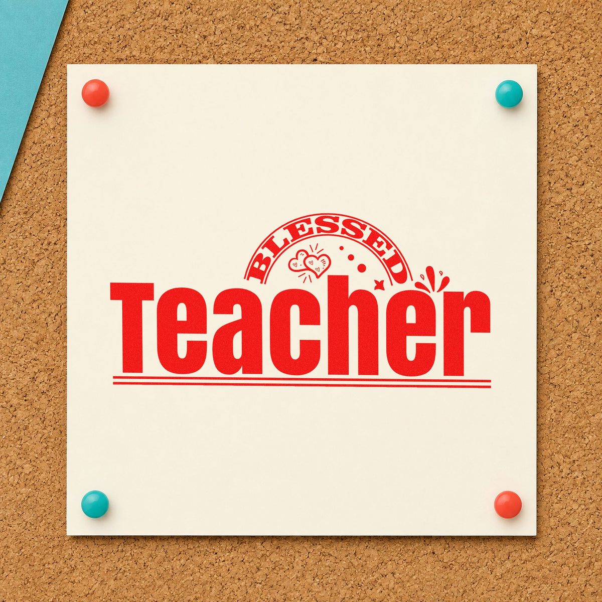 Teacher Rainbow And Flowers rubber stamp shown in red ink, stamped for projects such as open day notes.