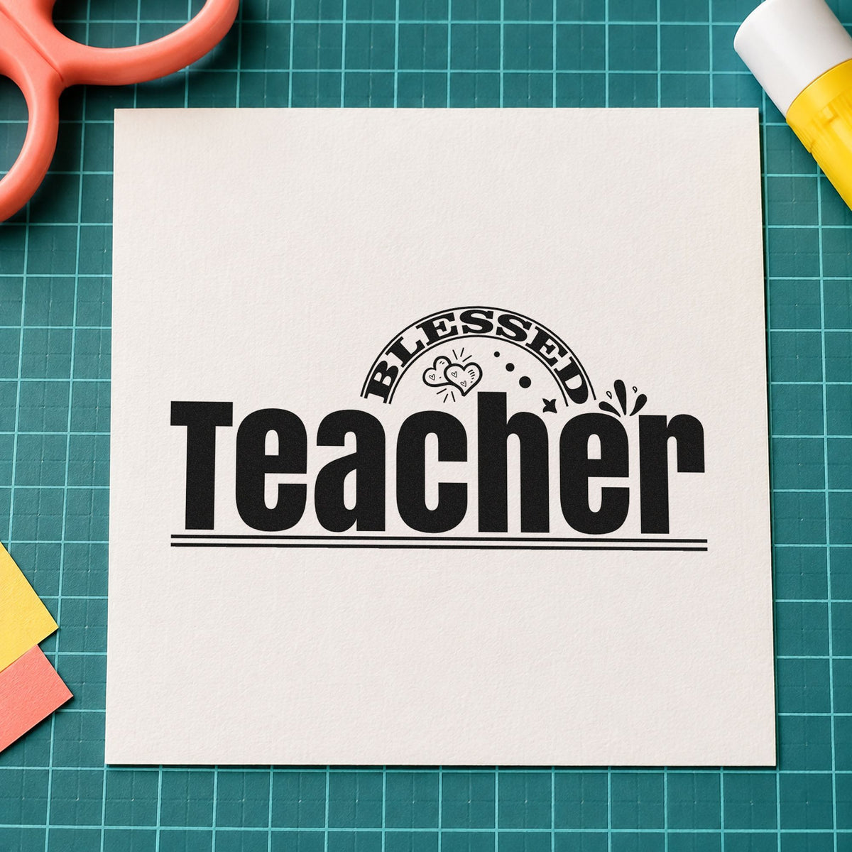 Teacher Rainbow And Flowers rubber stamp printed in black ink, ready for floral arch cards and similar paper crafts.