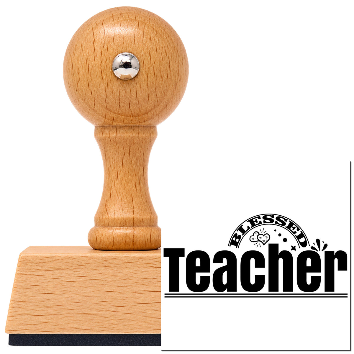 Teacher Rainbow And Flowers Arch Vintage Pro rubber stamp in European beech wood with a round knob handle, shown beside its black imprint.