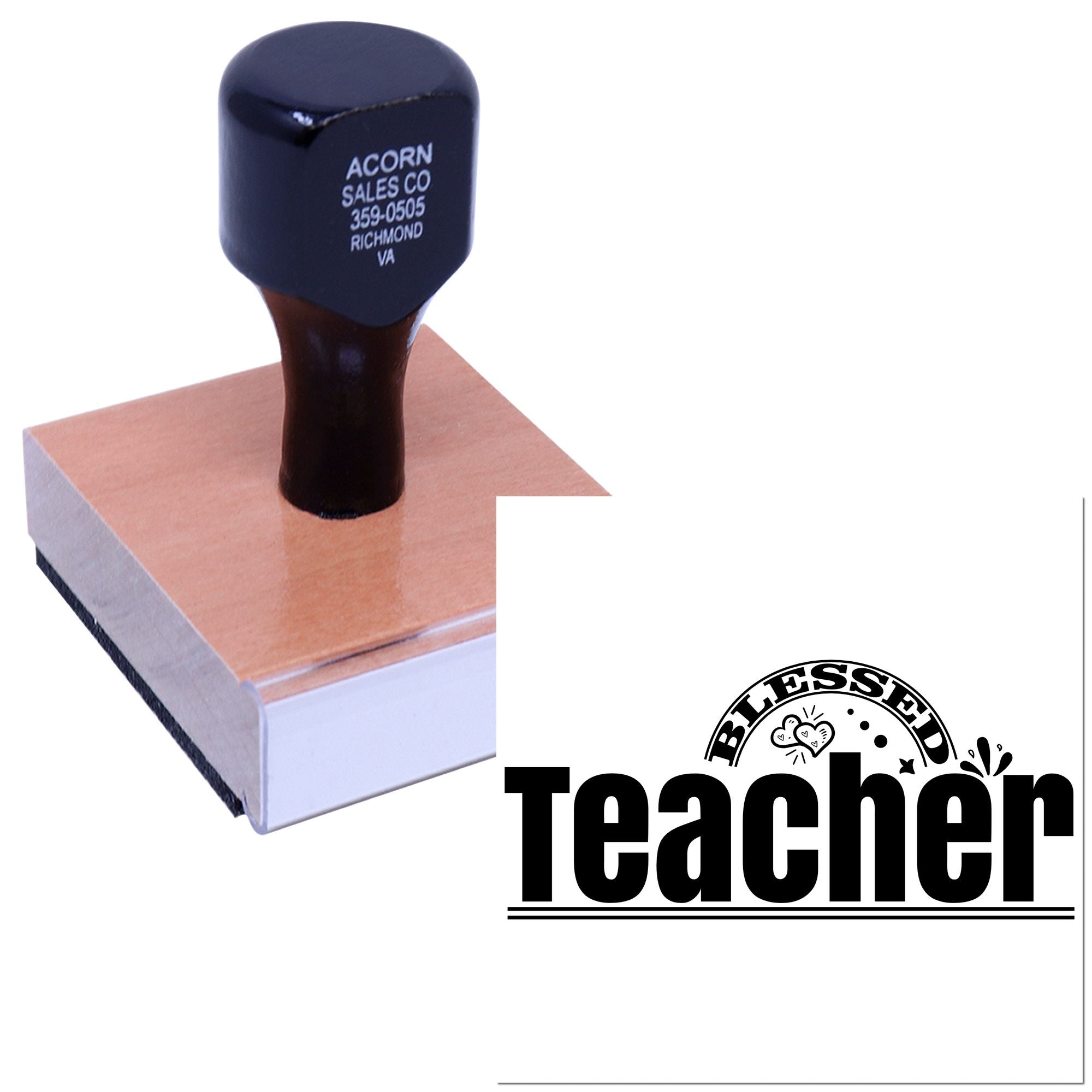 Custom teacher rubber stamp on a wood-mounted block for grading, classroom notes, and schoolwork.