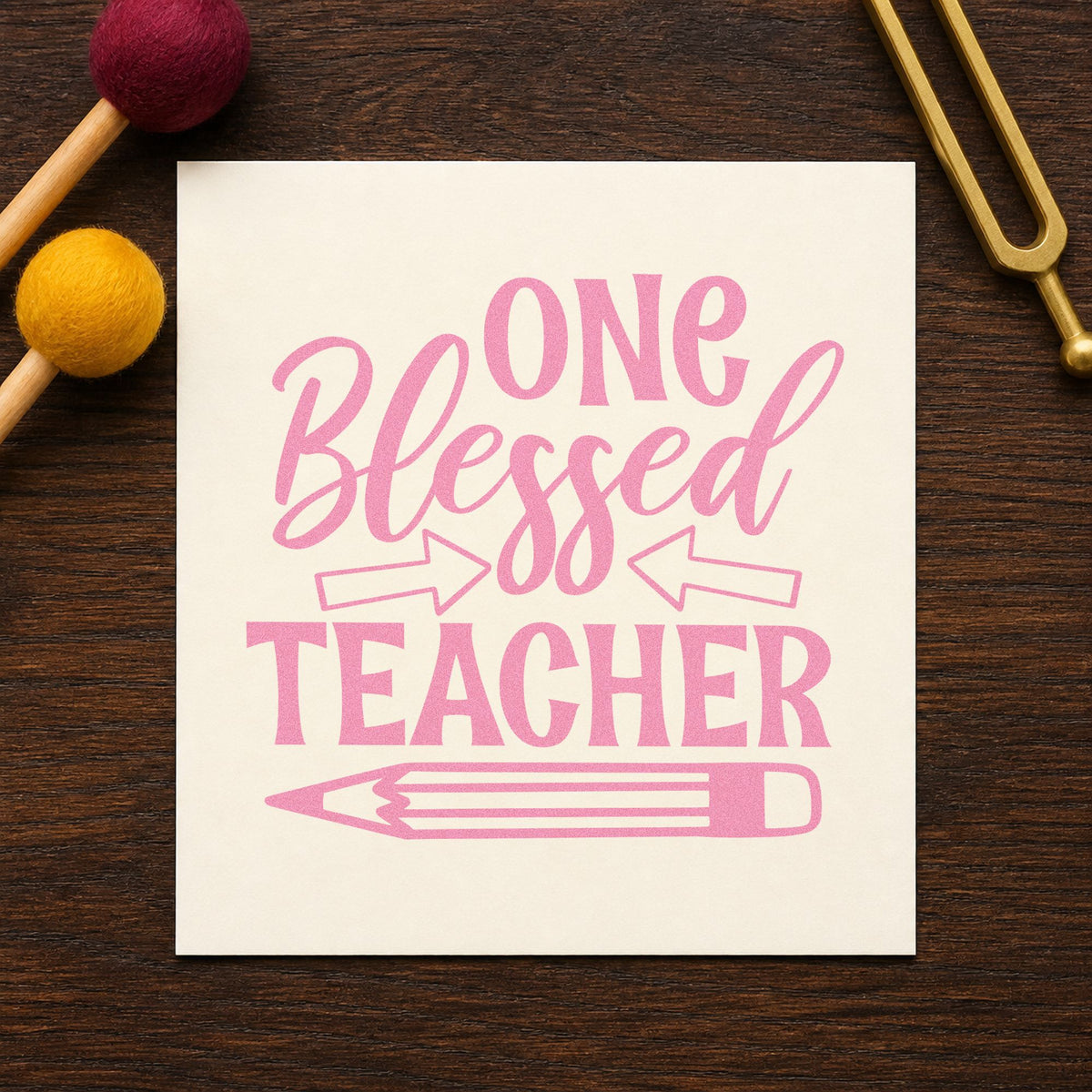 One Blessed Teacher Pencil craft stamp in purple ink on cardstock, an easy option for mission trip tags.