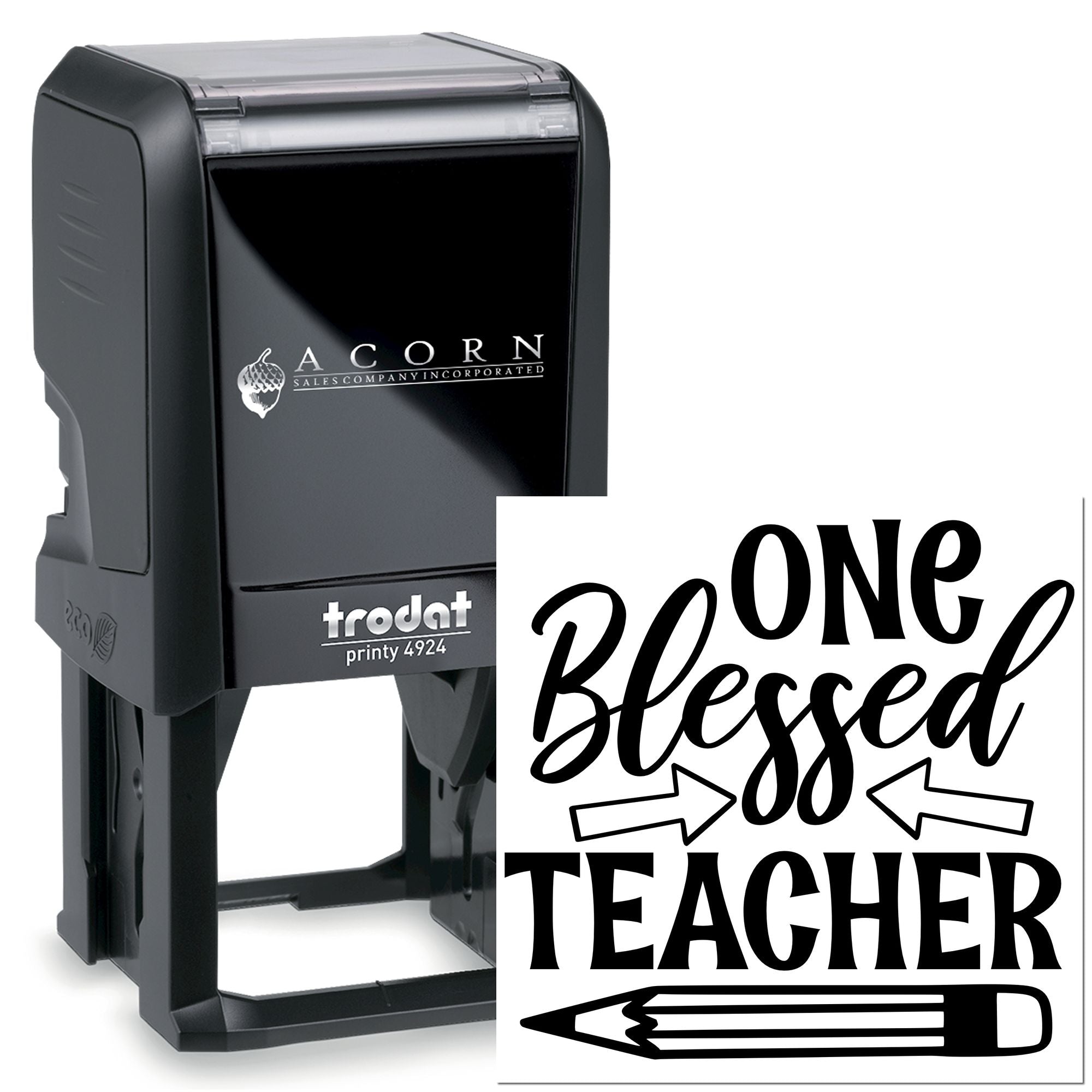 Self-inking custom rubber stamp with One Blessed Teacher design, ideal for teacher appreciation and classroom use