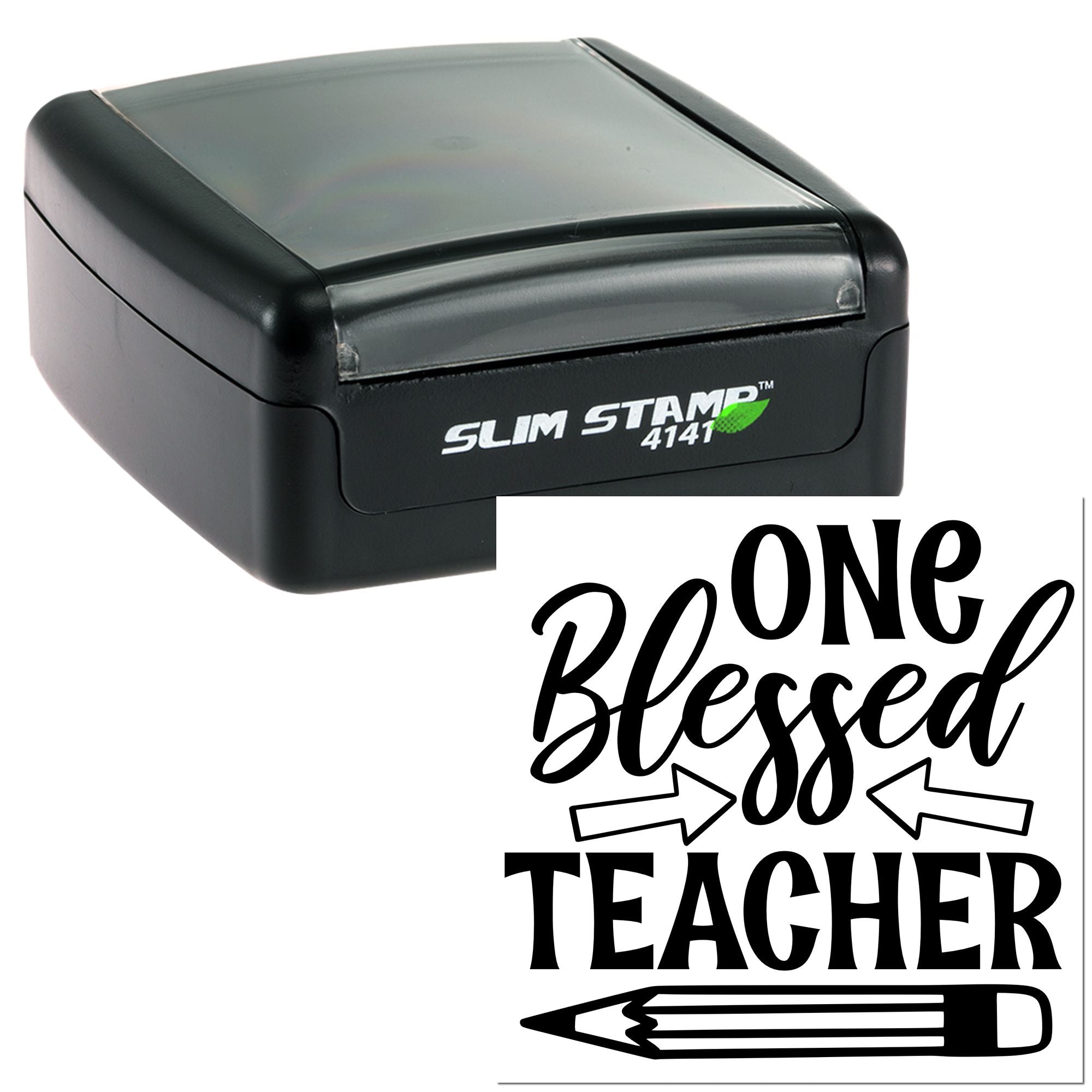 One Blessed Teacher self-inking rubber stamp with pencil design, ideal for classroom use, teacher gifts, and appreciation.