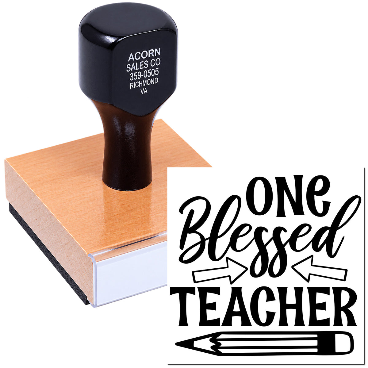 One Blessed Teacher custom rubber stamp on a wood block, ideal for teacher appreciation cards, crafts, and classroom gifts.