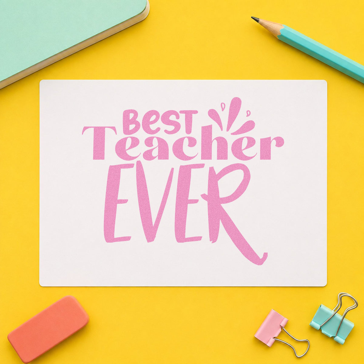 Best Teacher Ever Splash craft stamp in purple ink on cardstock, an easy option for sticker pack tags.