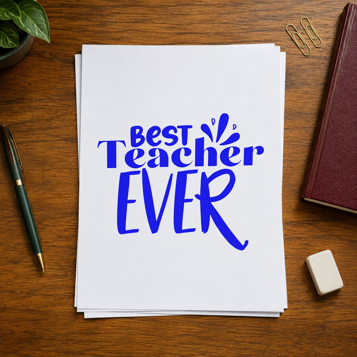 Best Teacher Ever Splash craft stamp in blue ink on cardstock, an easy option for denim back panels.