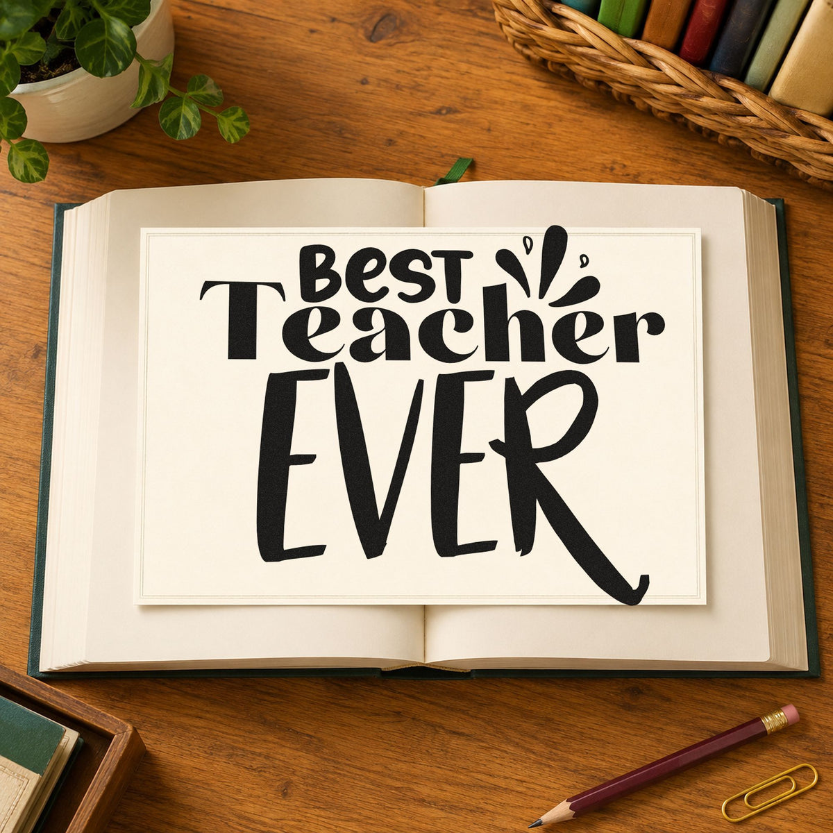 Best Teacher Ever Splash rubber stamp printed in black ink, ready for hand drawn mix cards and similar paper crafts.