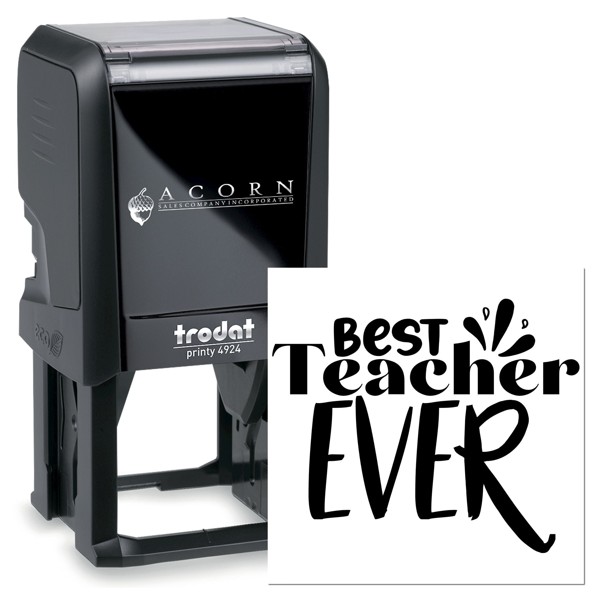 Custom Best Teacher Ever self-inking rubber stamp, Trodat Printy 4924 teacher gift stamp in black.