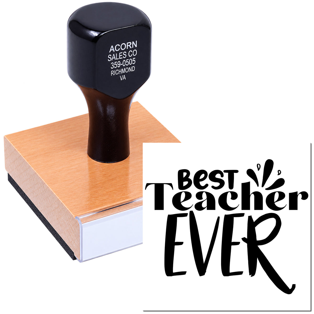 Custom Best Teacher Ever rubber stamp on wooden block for teacher appreciation gifts and classroom crafts.