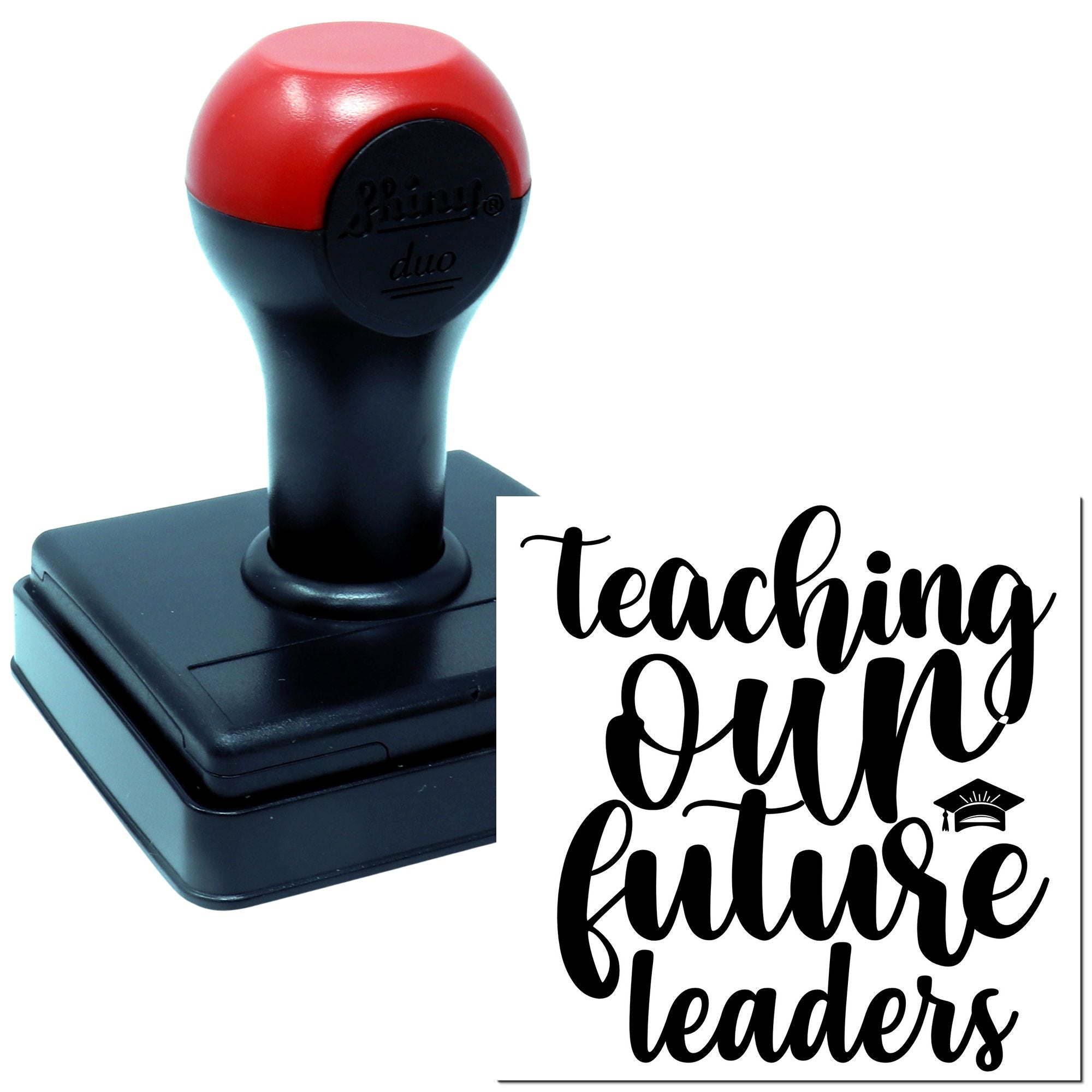 Custom self-inking rubber stamp with Teaching Our Future Leaders design for teachers, classrooms, and education awards.