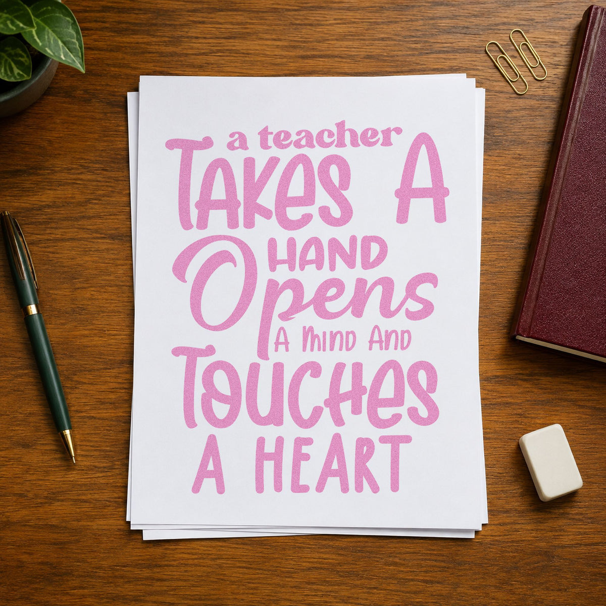 Teacher Takes Hand Opens Mind craft stamp in purple ink on cardstock, an easy option for tribute wall tags.