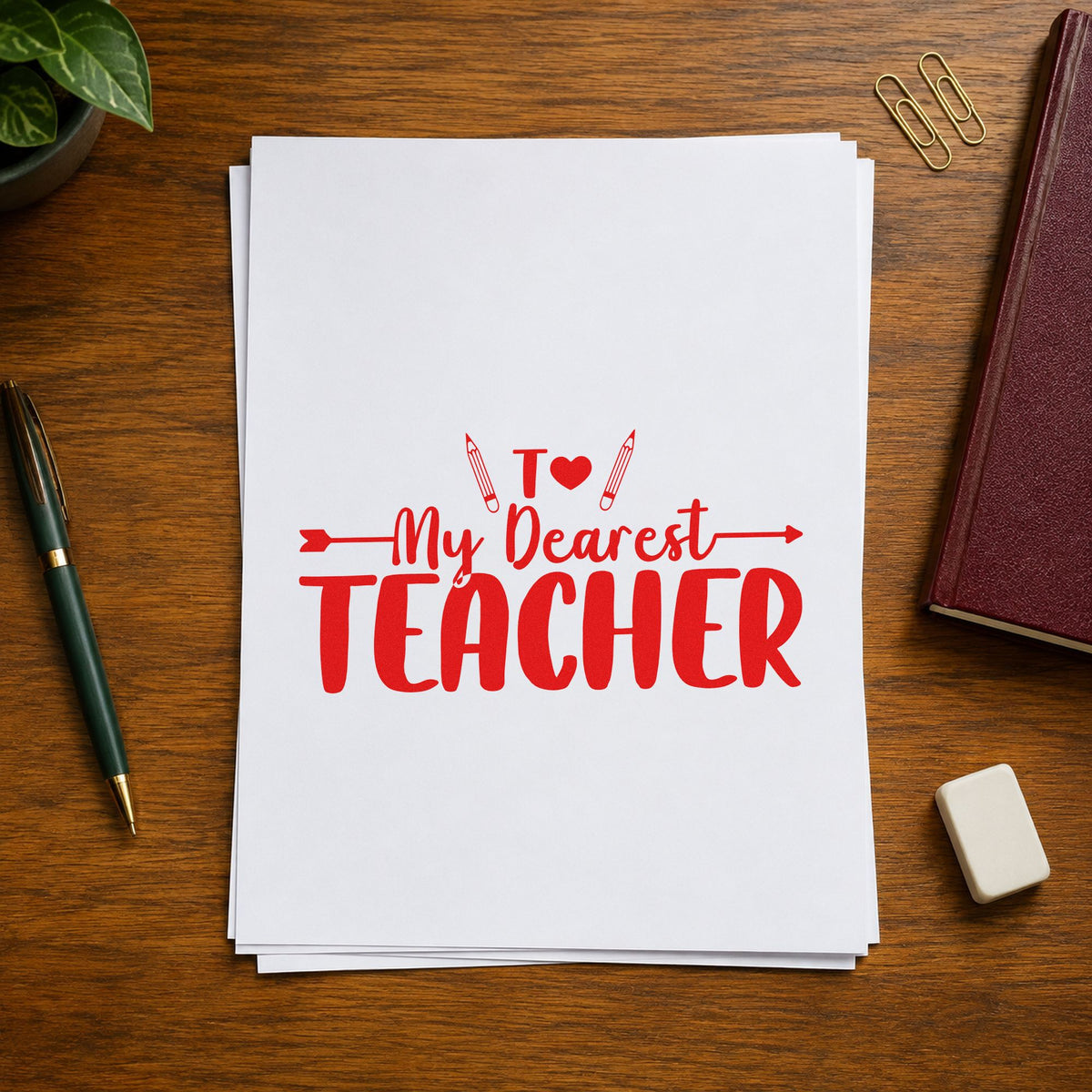 My Dearest Teacher rubber stamp shown in red ink, stamped for projects such as pen pal notes.