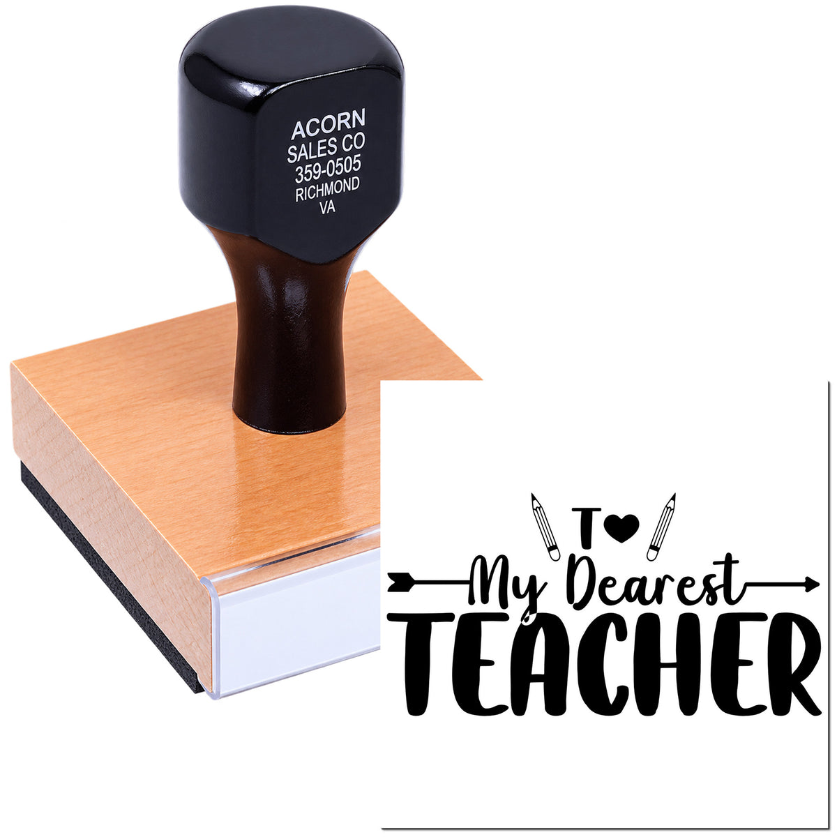 Custom teacher appreciation rubber stamp with To My Dearest Teacher design on a wooden stamp base.