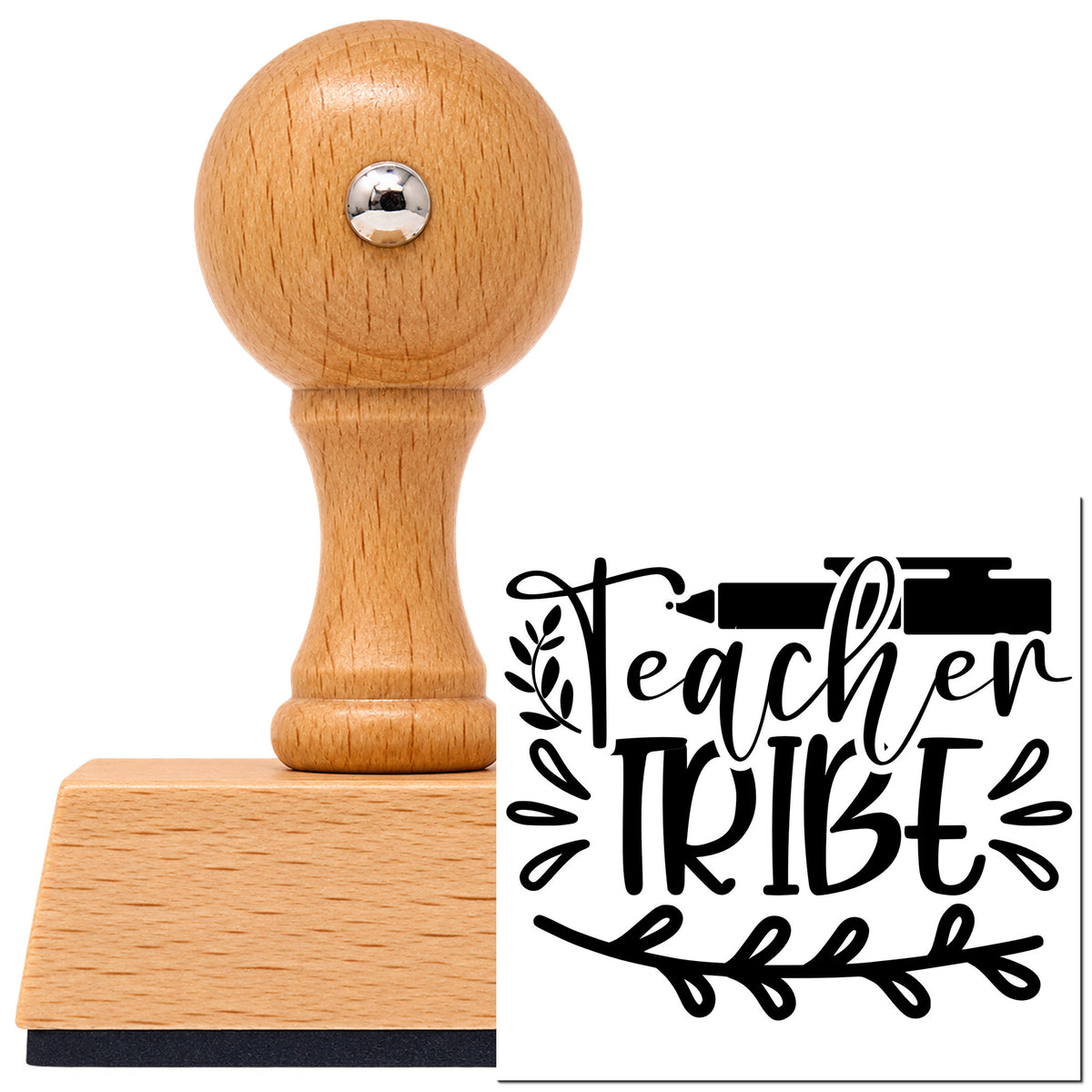 Teacher Tribe Pen And Leaves Leafy Branches Vintage Pro rubber stamp in European beech wood with a round knob handle, shown beside its black imprint.
