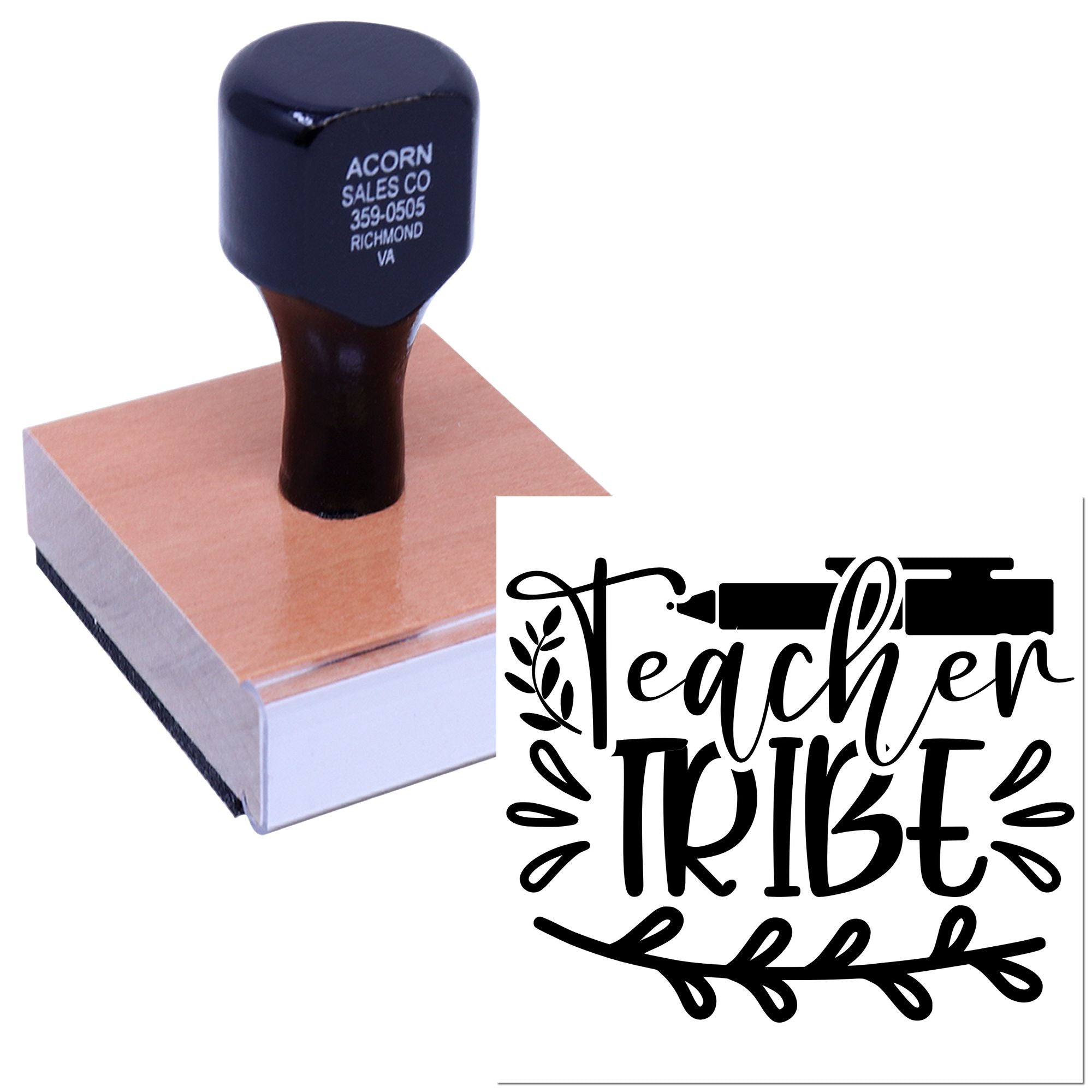 Personalized Teacher Tribe rubber stamp with wooden handle for classroom crafts, gift tags, and DIY teacher projects