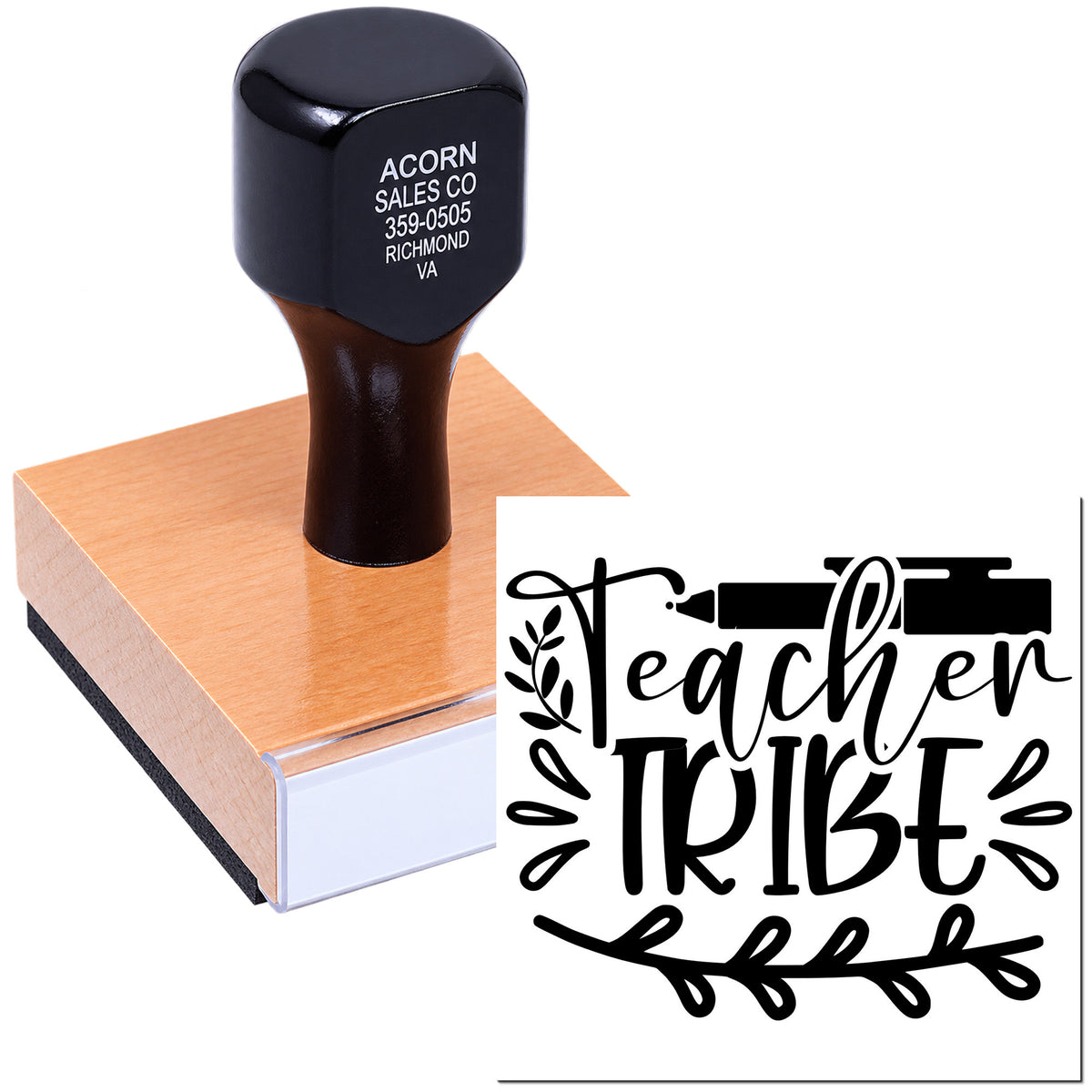 Personalized Teacher Tribe rubber stamp with wooden handle for classroom crafts, gift tags, and DIY teacher projects