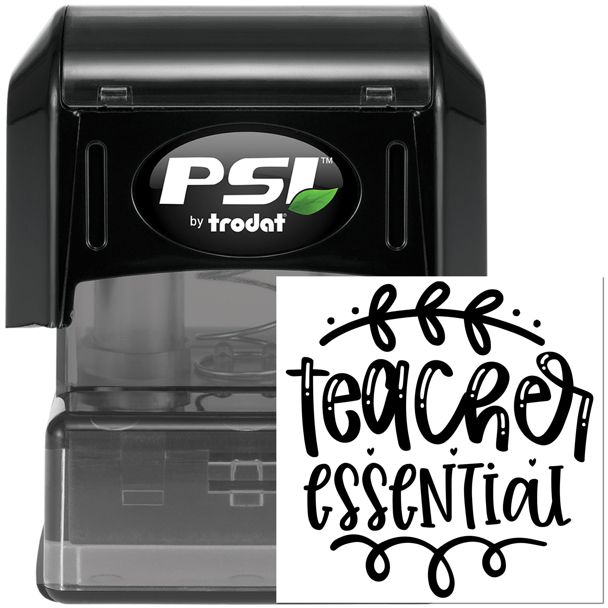 PSI by Trodat self-inking rubber stamp with Teacher Essential design for classroom labels, crafts, and personalized stamping.