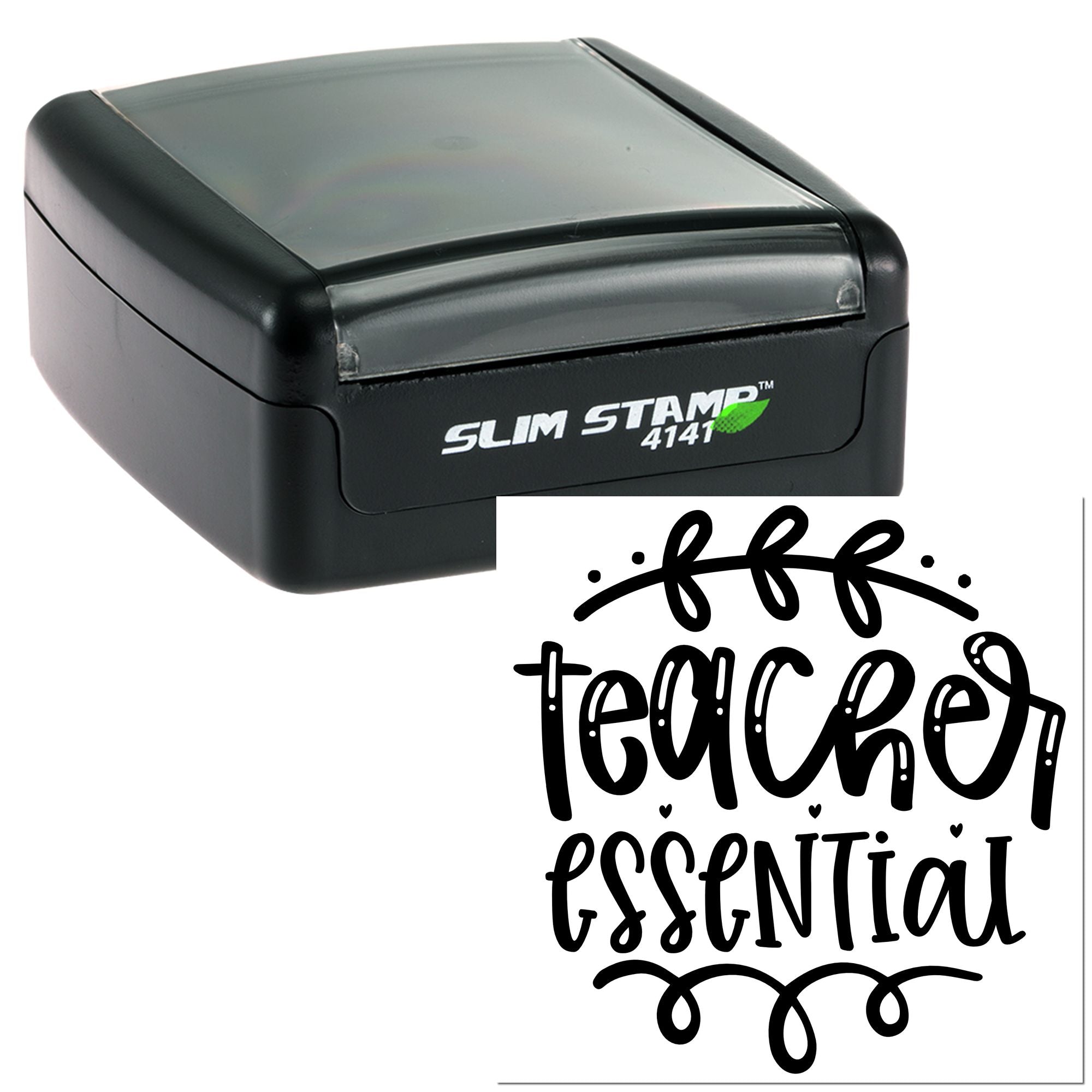 Slim Stamp 4141 self-inking rubber stamp with Teacher Essential design for classroom use and teacher appreciation.