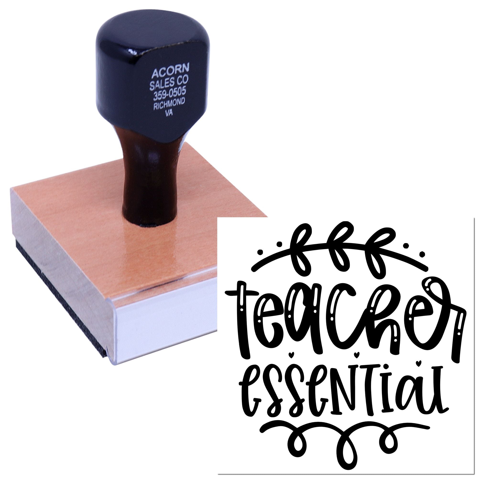 Teacher Essential rubber stamp on block, ideal for classroom stationery, teacher gifts, and custom stamping projects.