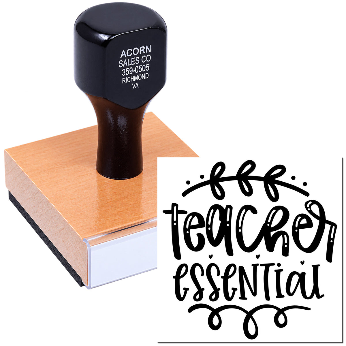 Teacher Essential rubber stamp on block, ideal for classroom stationery, teacher gifts, and custom stamping projects.