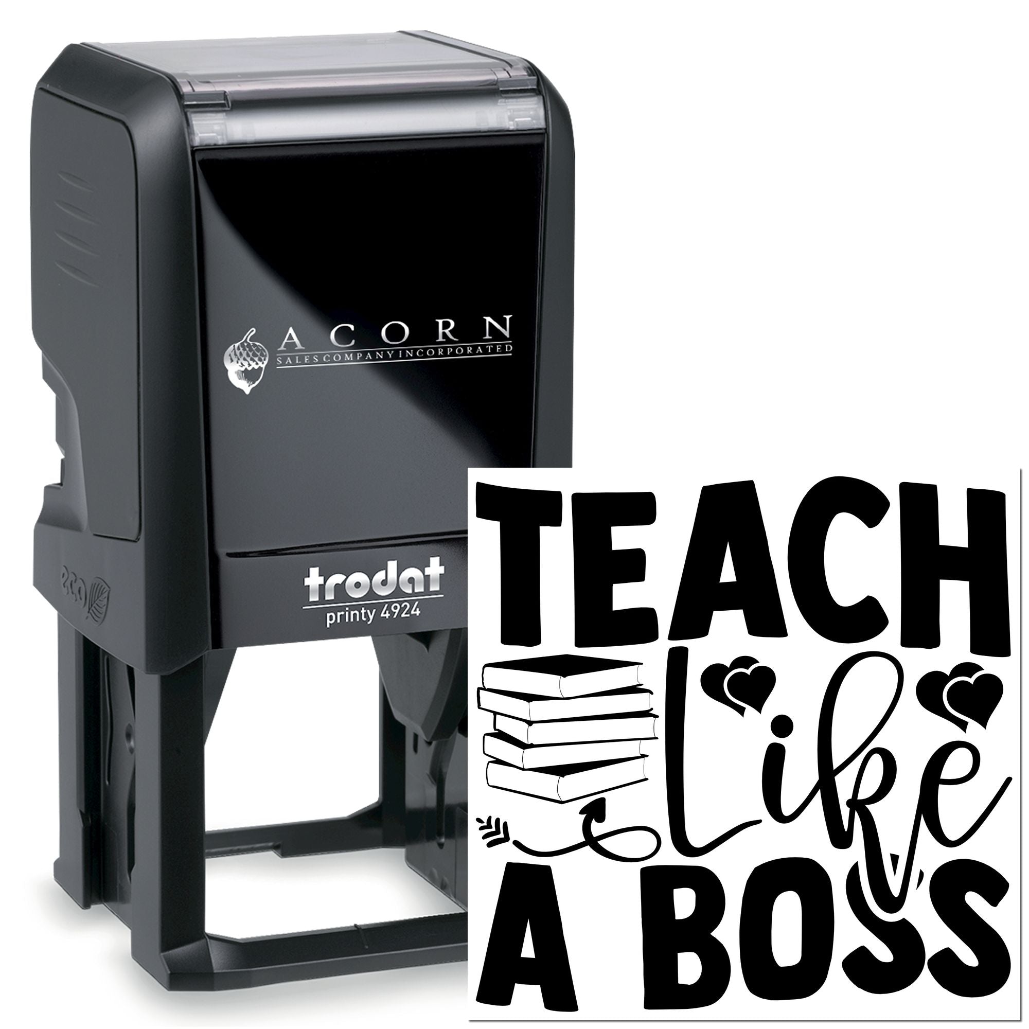 Custom self-inking teacher rubber stamp, Trodat Printy 4924, with Teach is a Boss design, books and heart icons.