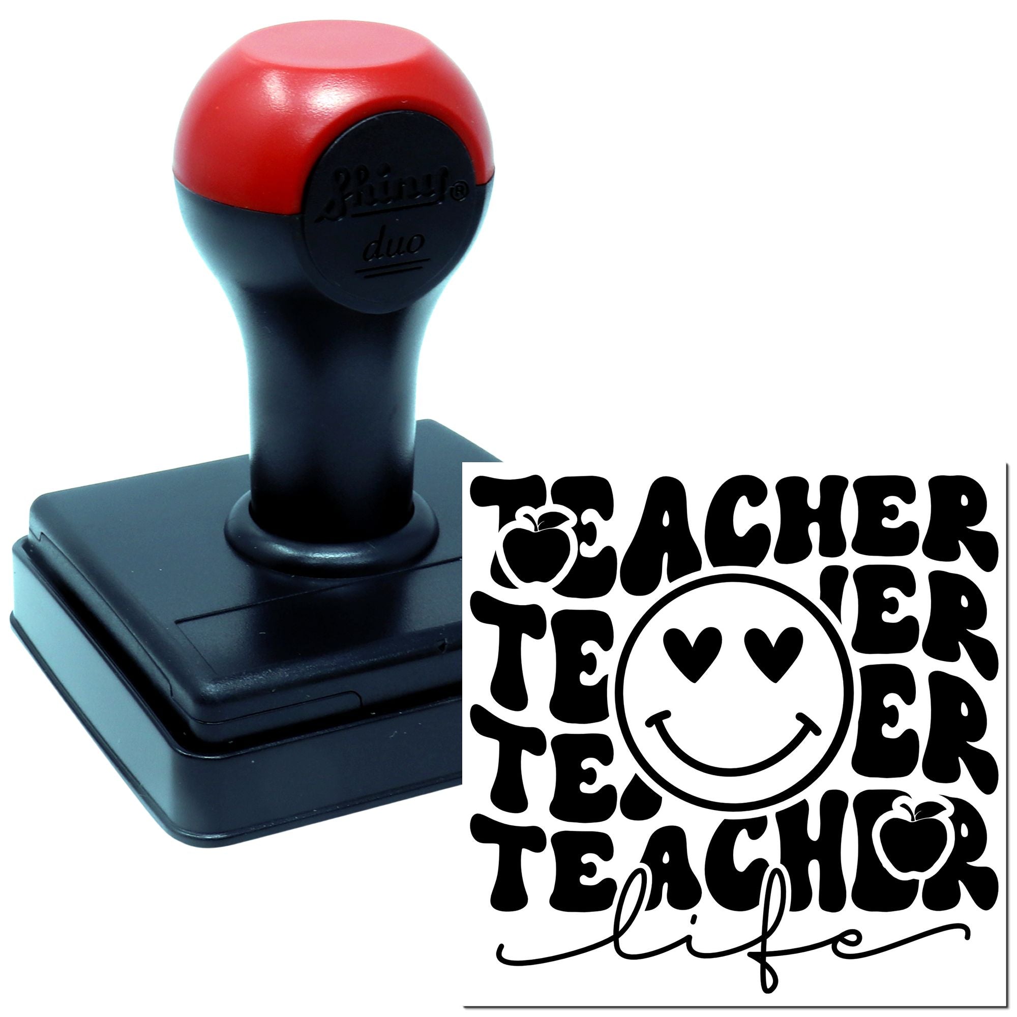Teacher Life self-inking rubber stamp with smiley face design for classroom grading, school papers, and teacher gifts.