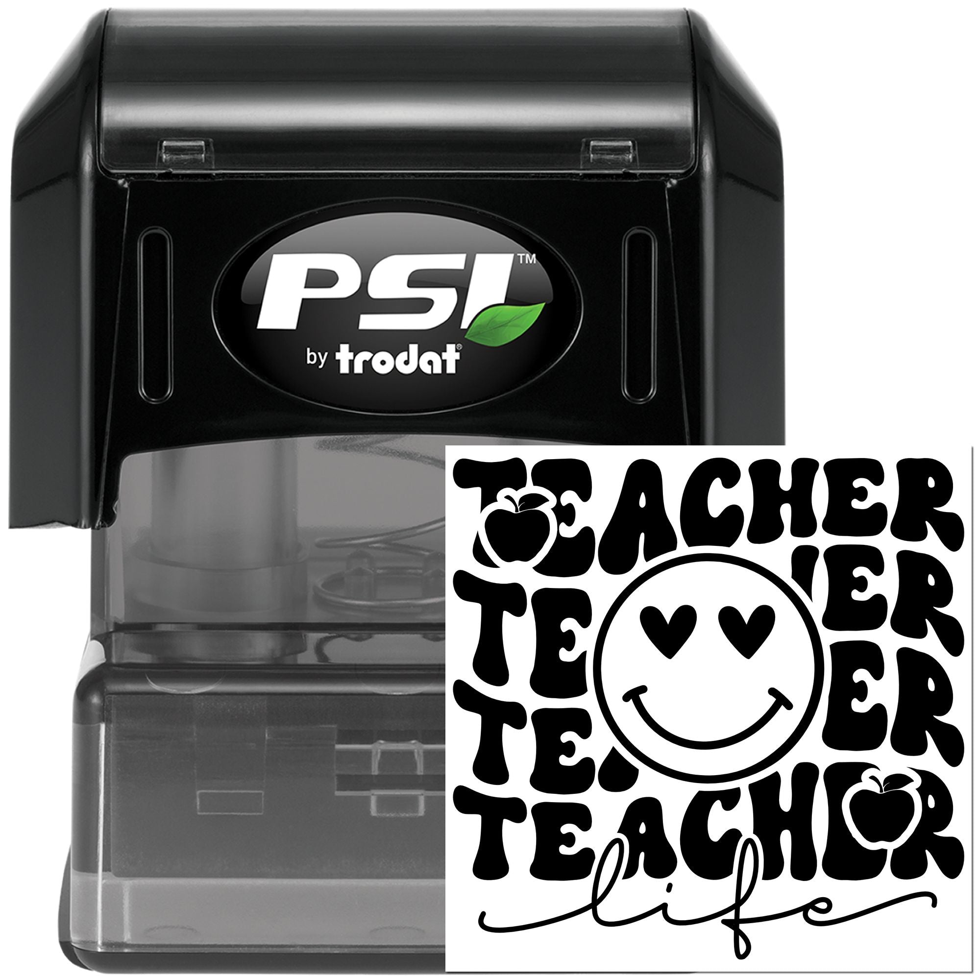 PSI by Trodat self-inking rubber stamp with Teacher Life design for classroom projects and teacher gifts.