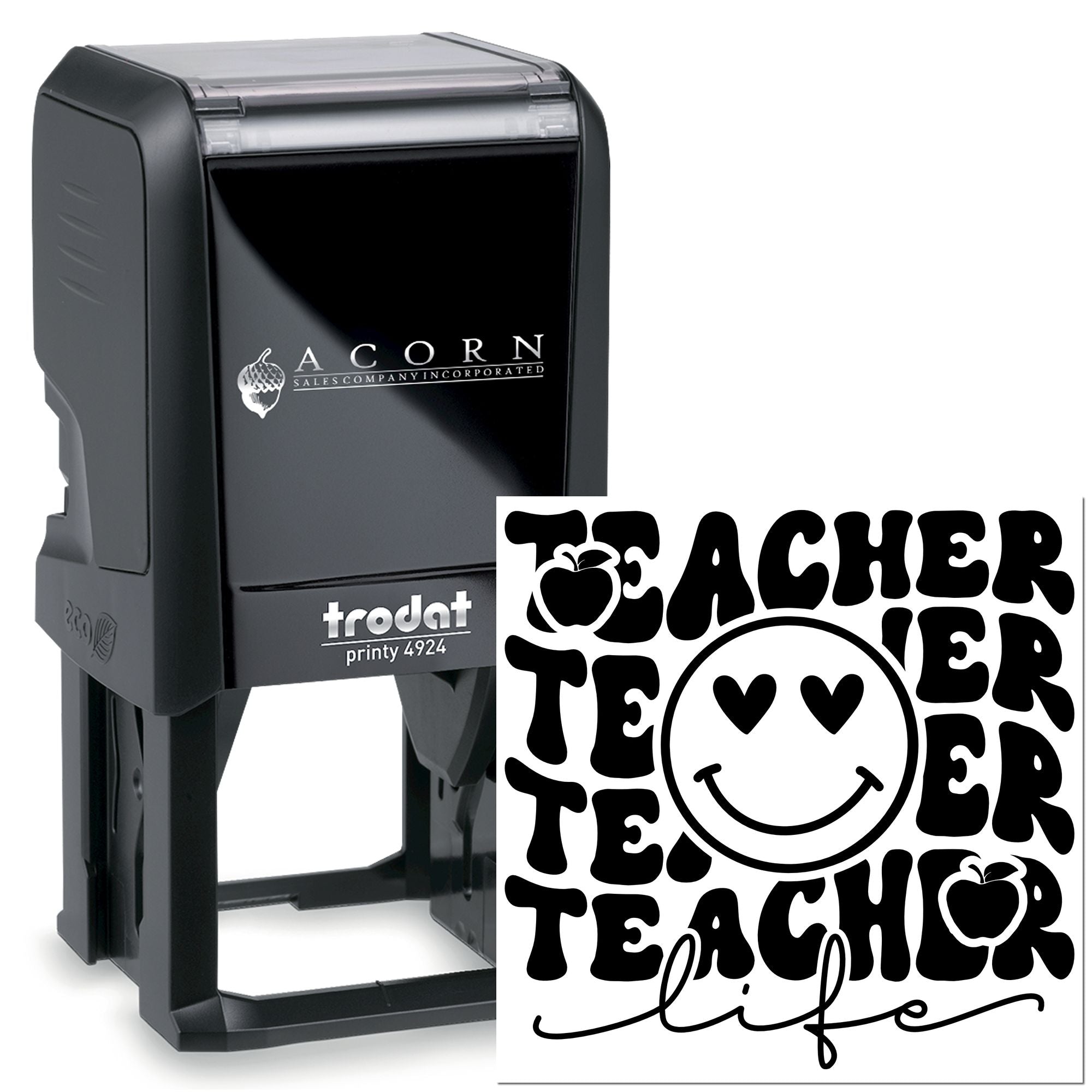 Custom teacher self-inking rubber stamp, Trodat Printy 4924, with apple smiley design for classroom use.