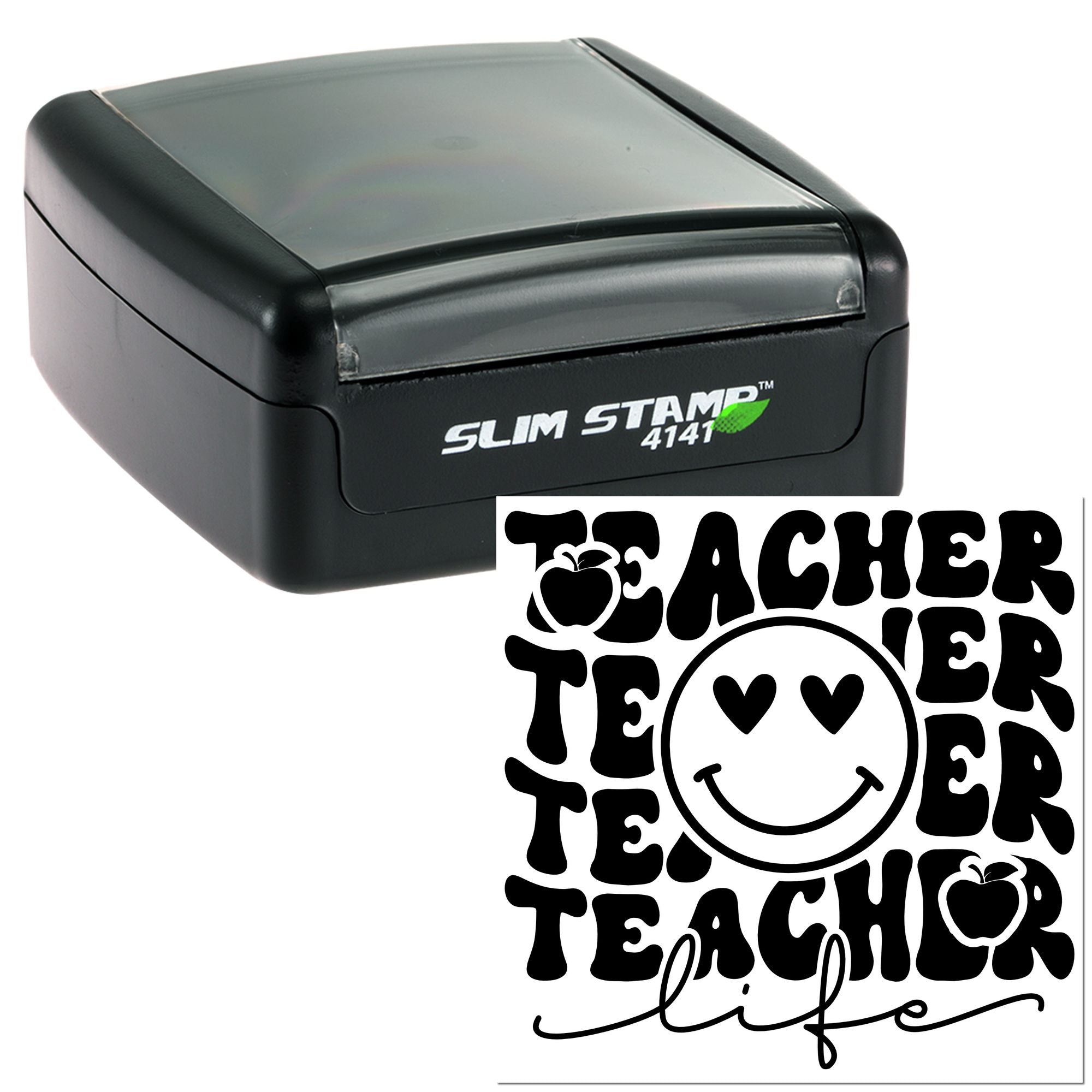 Slim self-inking teacher rubber stamp with Teacher Teacher Teacher life imprint, apple accents, and smiley face design.
