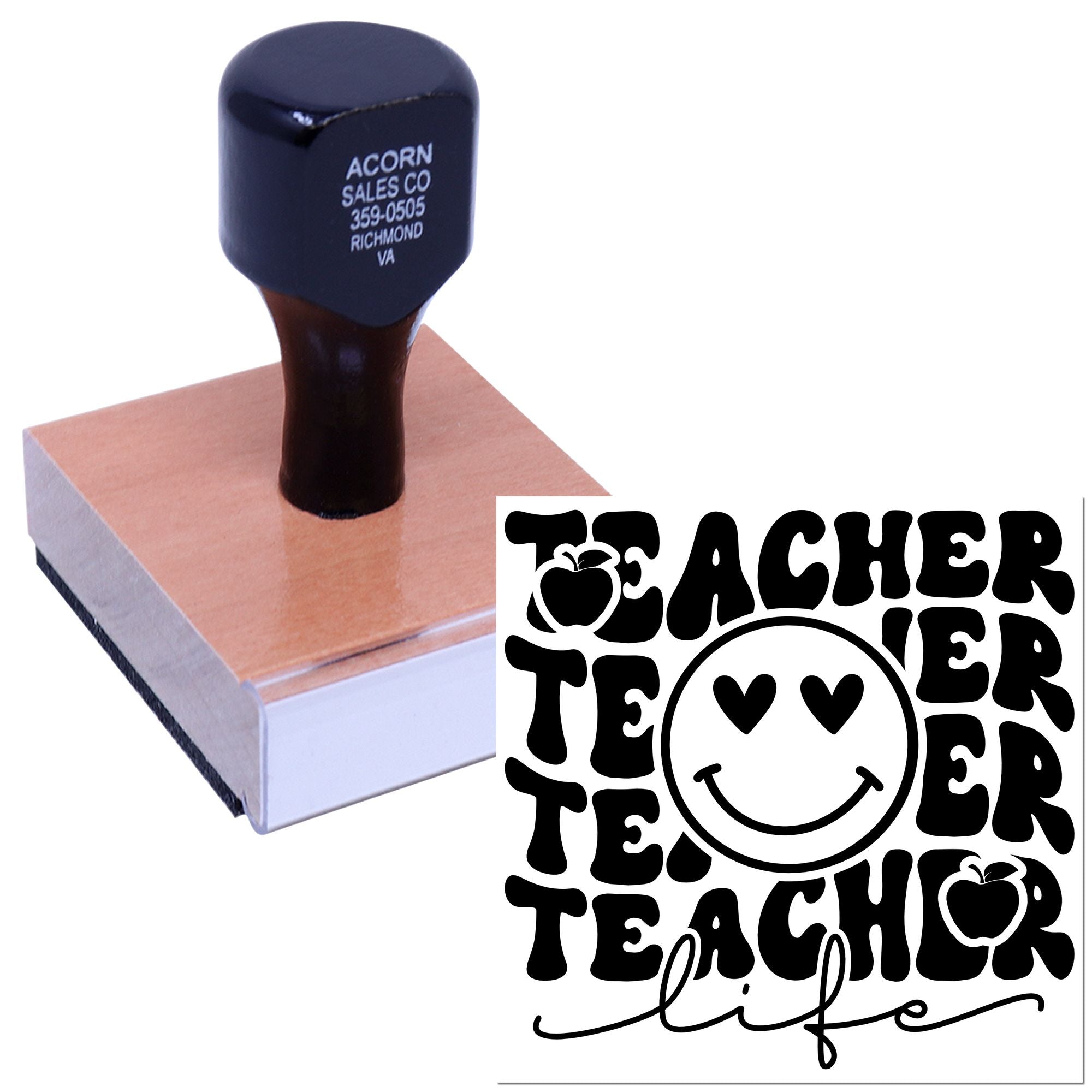 Custom teacher life rubber stamp on ink pad, featuring apples, smiley face, and bold classroom-themed Teacher design.