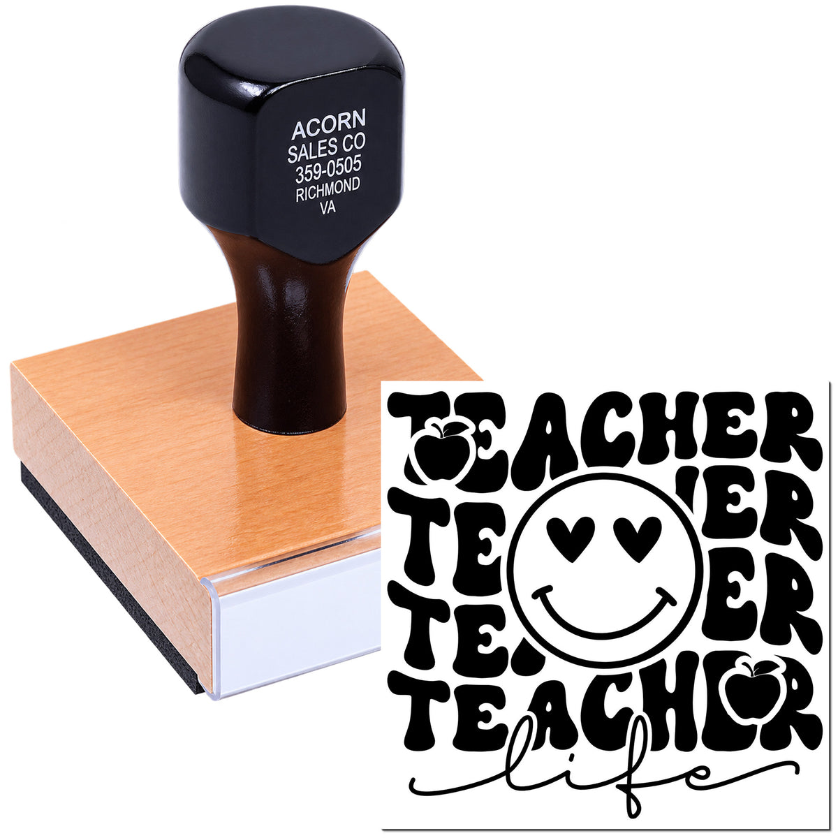 Custom teacher life rubber stamp on ink pad, featuring apples, smiley face, and bold classroom-themed Teacher design.