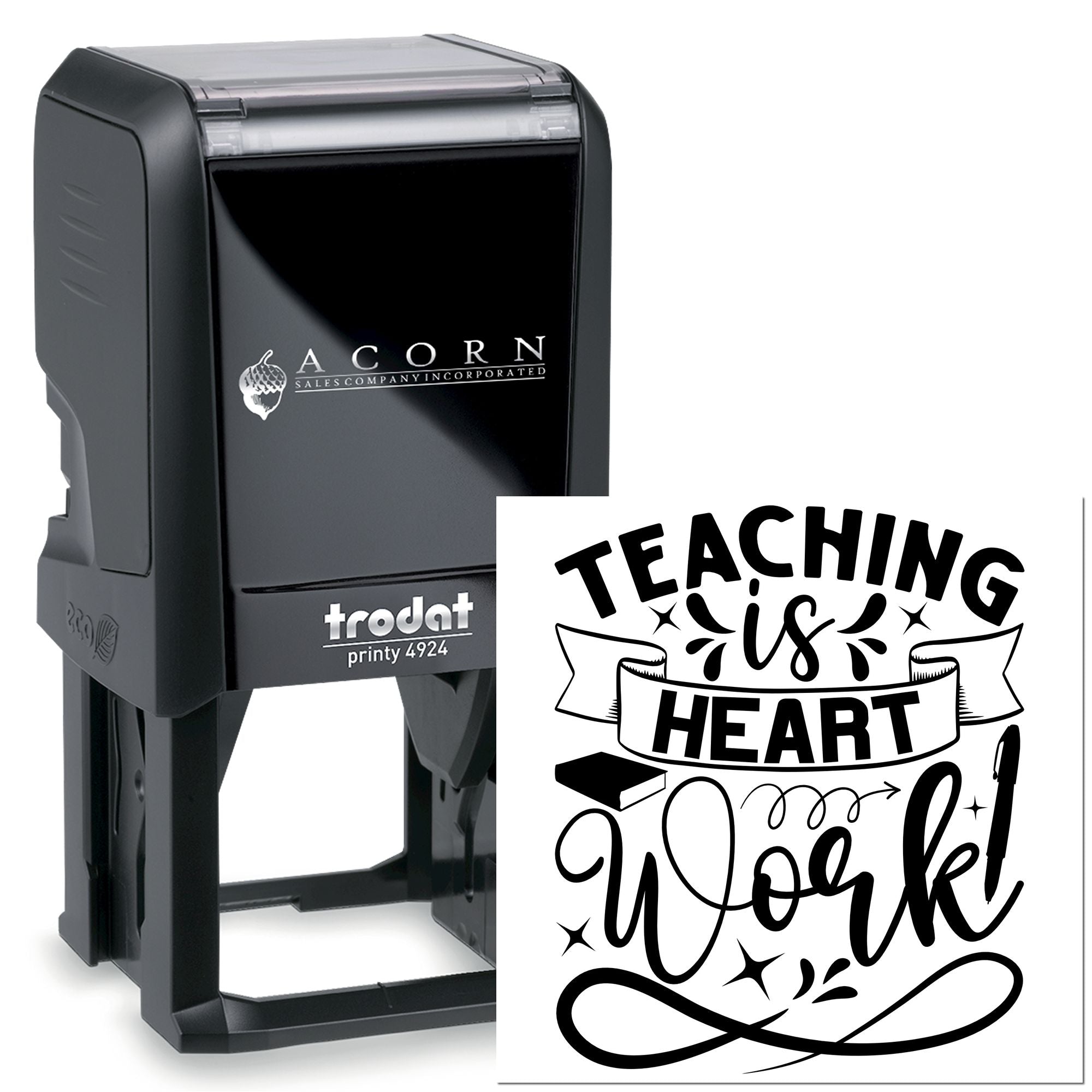 Trodat self-inking rubber stamp with Teaching is Heart Work design for teacher appreciation, classroom, and custom stamping.
