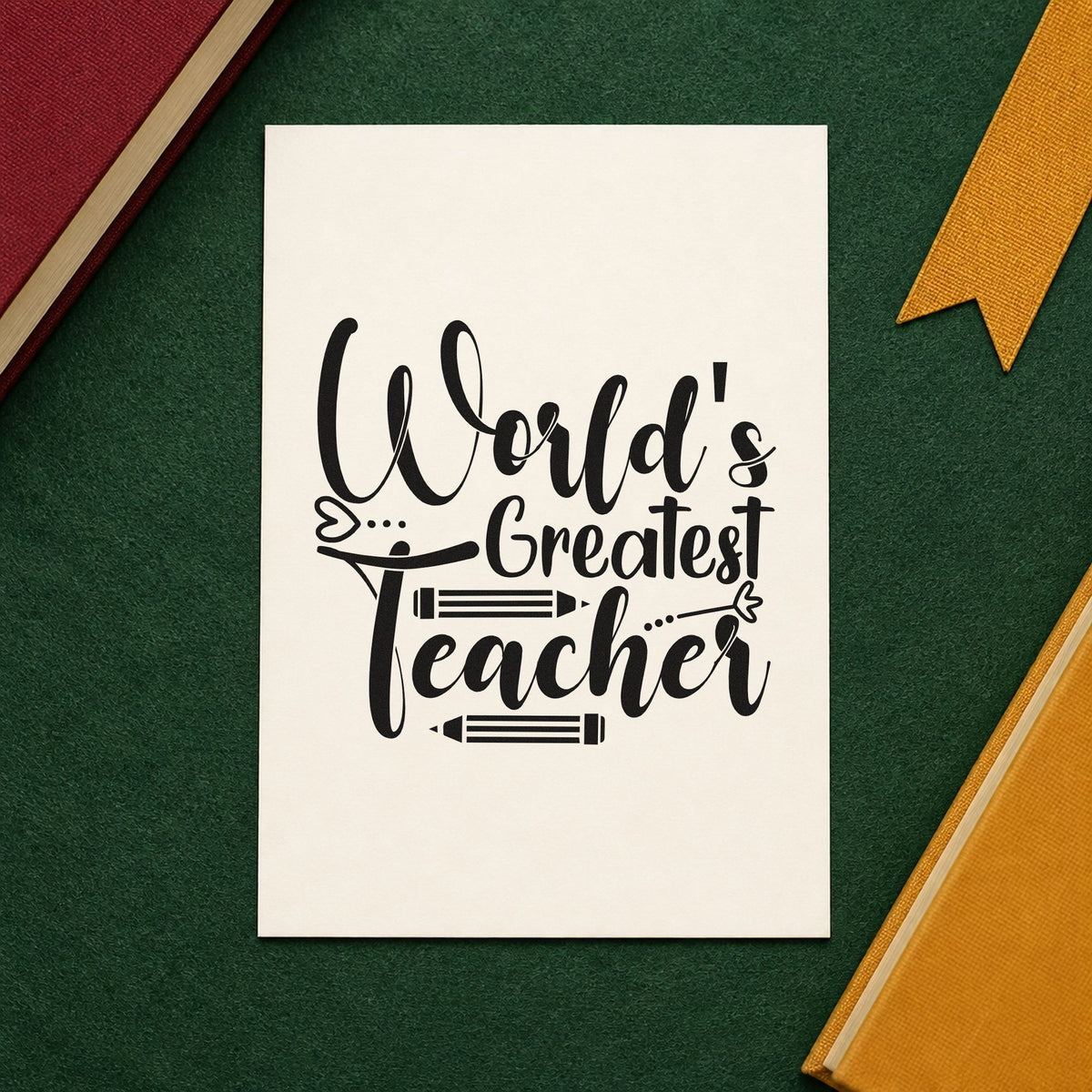 World's Greatest Teacher Pencils rubber stamp printed in black ink, ready for ornamental strokes cards and similar paper crafts.