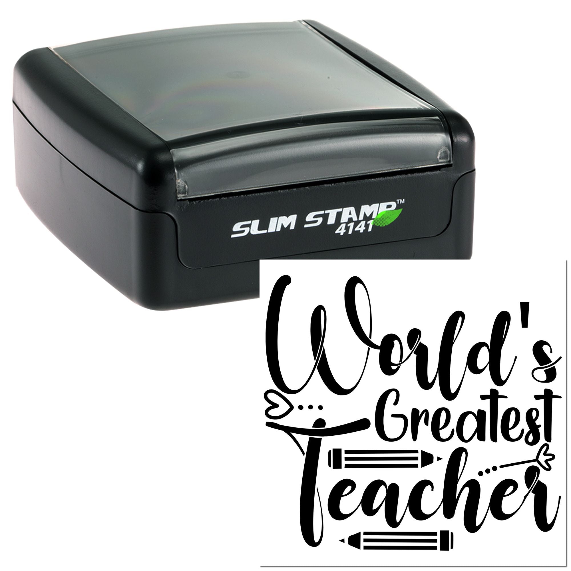 Self-inking rubber stamp with Worlds Greatest Teacher design for teacher appreciation and classroom use.