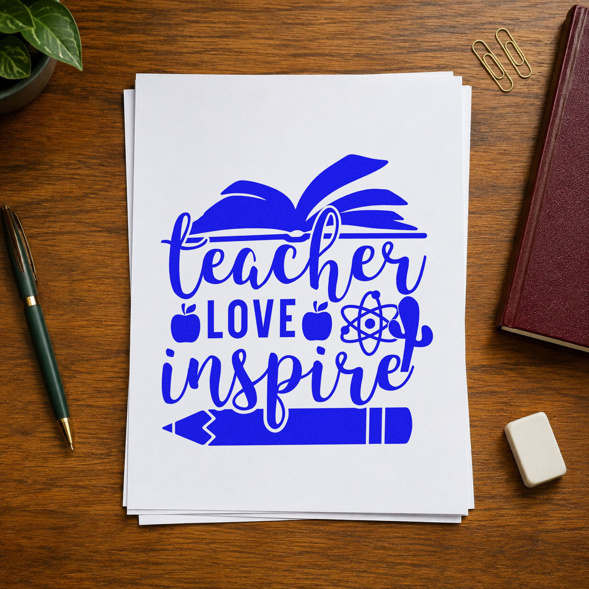 Teacher Love Inspire Learning Icons Rubber Stamp – Wood Handle in use 6
