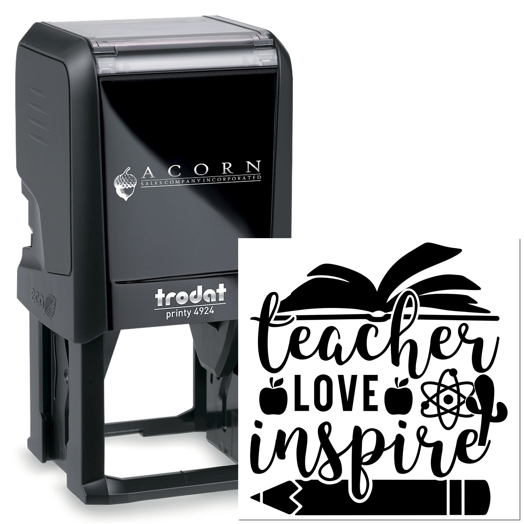 Custom Trodat self-inking rubber stamp with Teacher, Love, Inspire design for classroom use