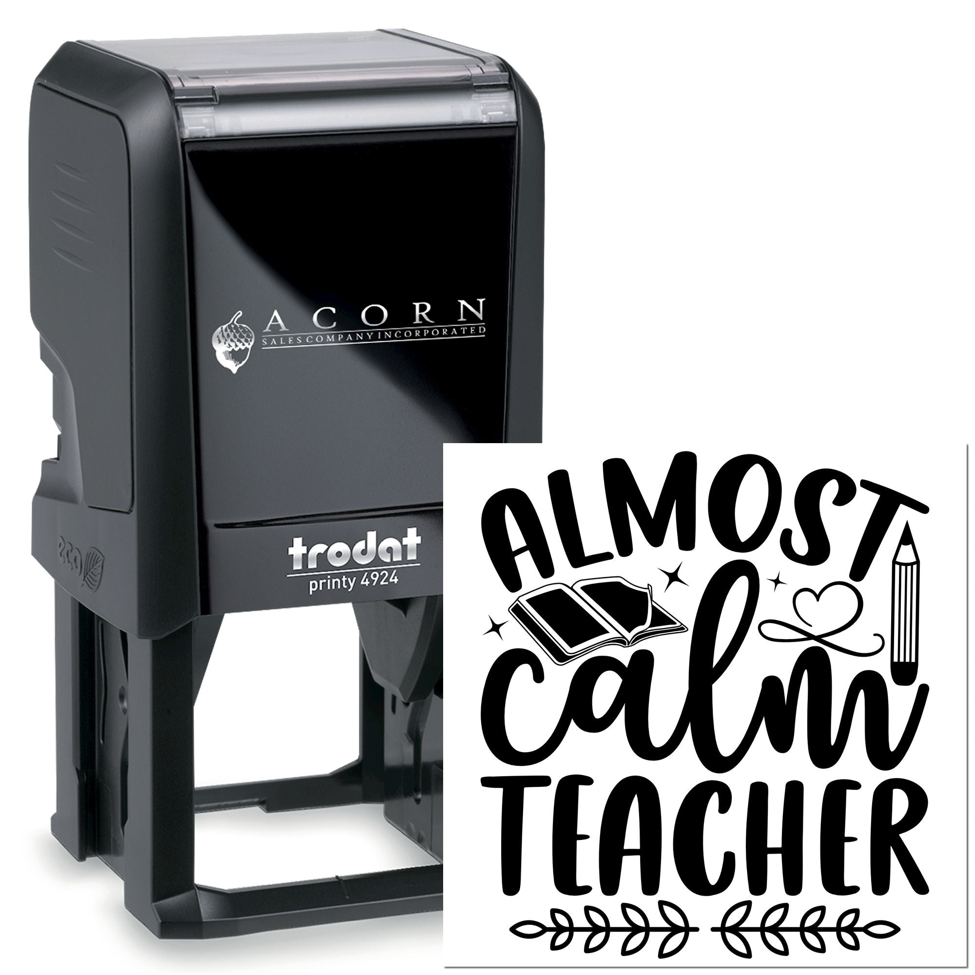 Trodat Printy 4924 self-inking teacher rubber stamp with Almost Calm Teacher design for classroom grading and gifts.