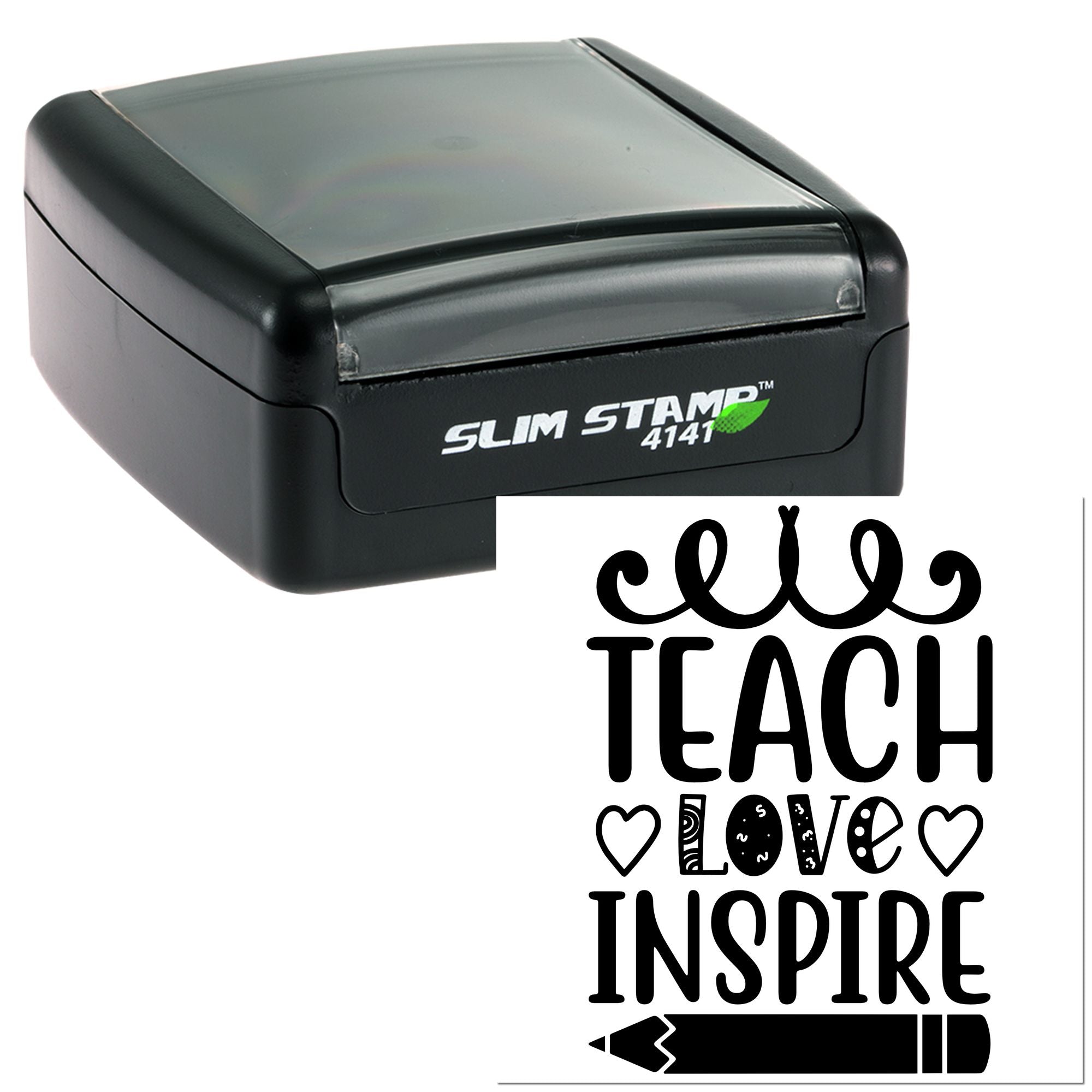 Self-inking rubber stamp with Teacher Love Inspire design for classroom use and teacher appreciation projects.