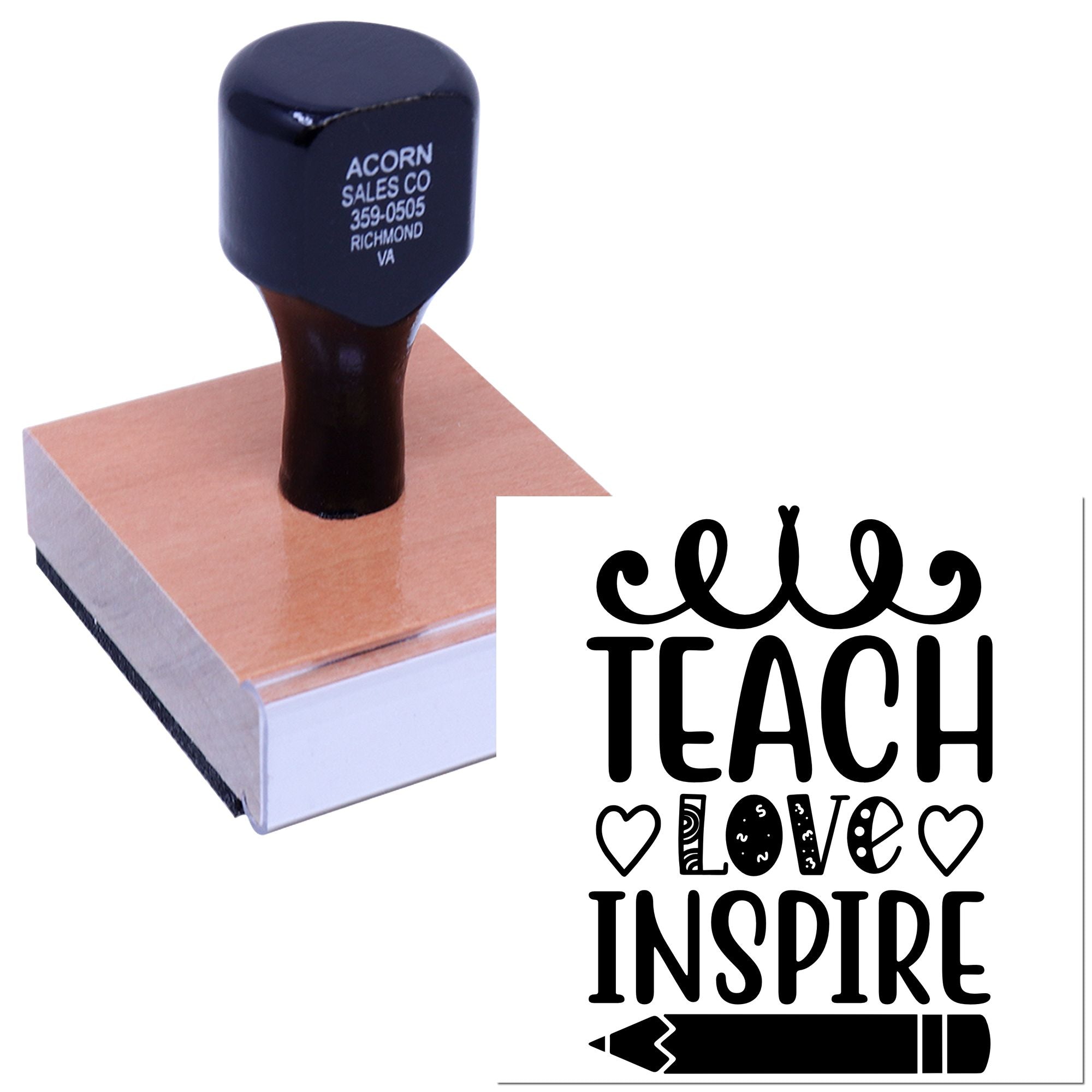 Custom teacher rubber stamp with Teach Love Inspire design for classroom crafts and teacher gifts.