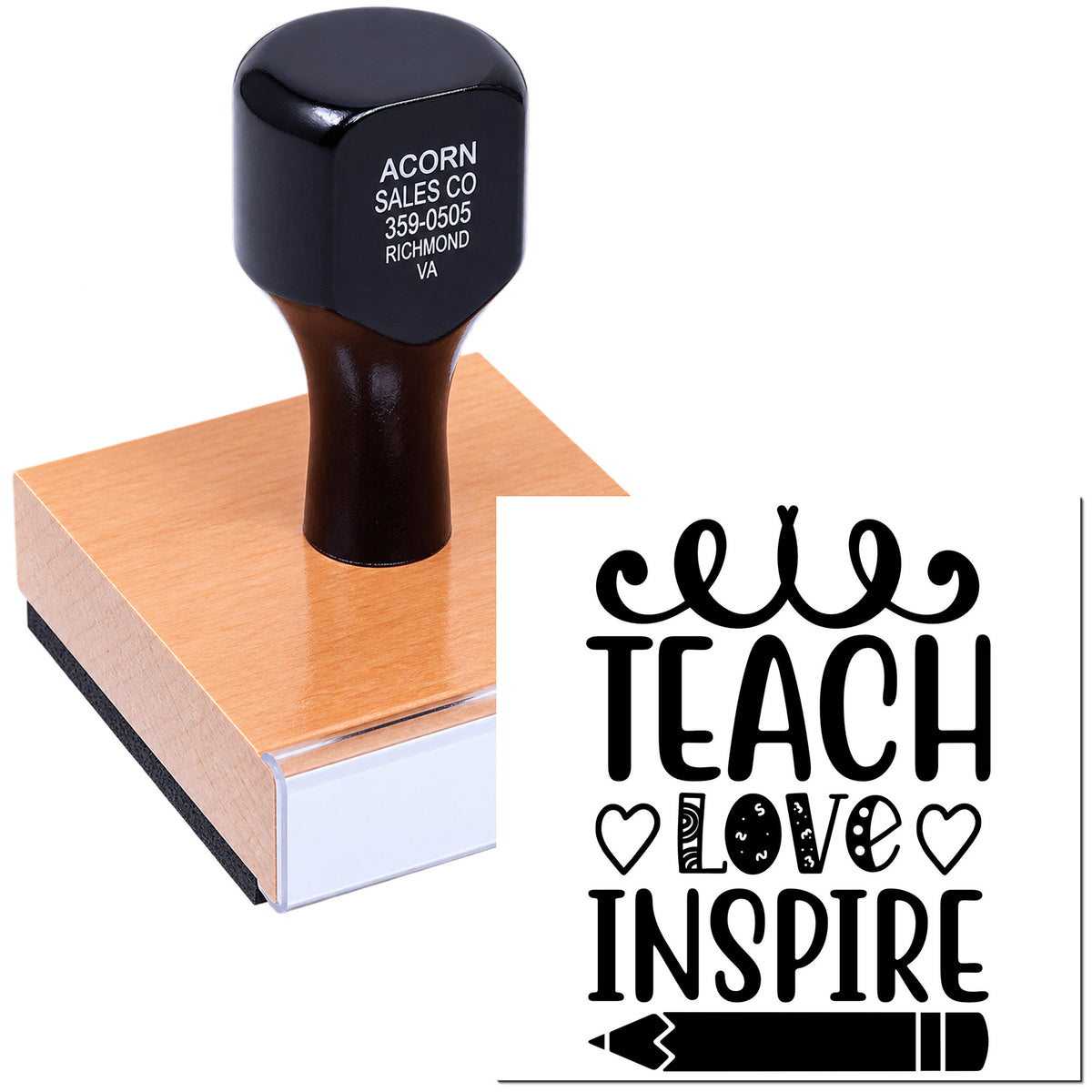 Custom teacher rubber stamp with Teach Love Inspire design for classroom crafts and teacher gifts.