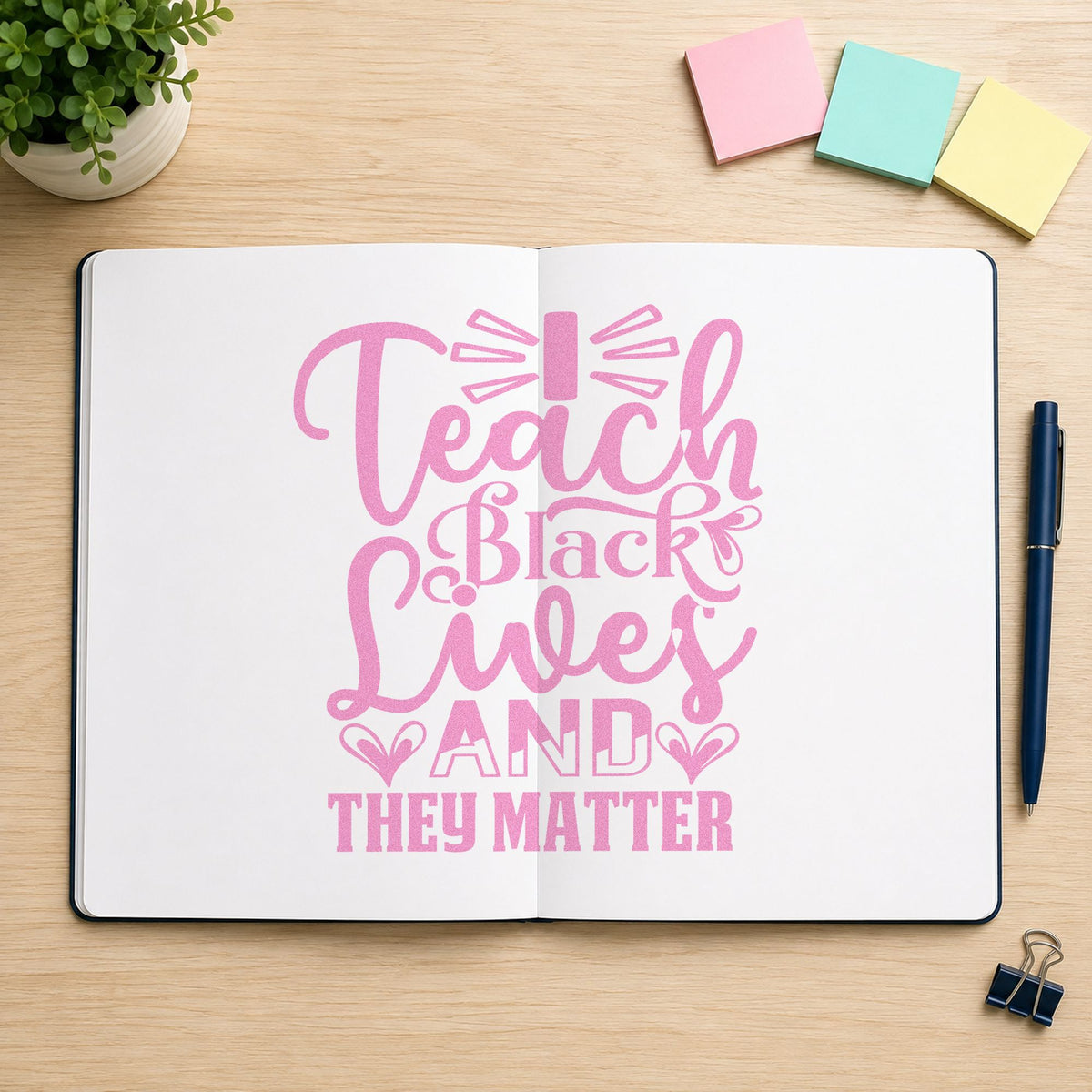 Teach Black Lives Matter craft stamp in purple ink on cardstock, an easy option for heritage month tags.